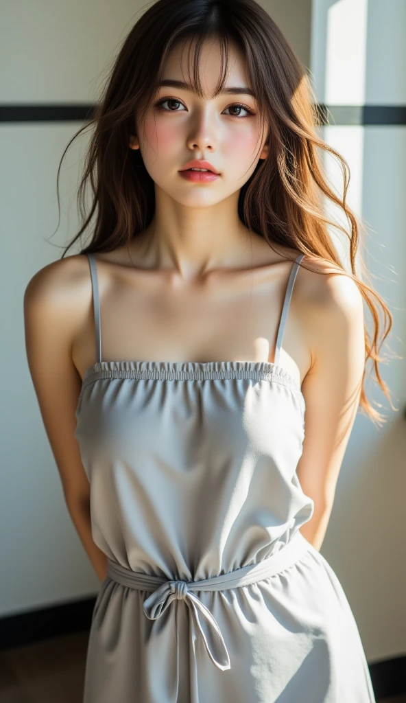 ((1 beautiful girl:2)), ((1 screen)), 8K, RAW shot, Top quality, Masterpiece, Realistic photo, (((Anatomically correct proportion))), ((Sexy nice proportions)), (beautiful girl like a Japanese actress), (full body shot), small head, detailed face, detailed eyes, thin nose, detailed fingers, detailed arms, Detailed skin, detailed legs, (short torso), thin waist, small breasts, ballet indoor practice field, (18 year old beautiful girl), (thin fabric leotard: 1.2), (ballet pose Beautiful girl)), ((Sweat-wet skin: 2.2)), (Wet and see-through skin: 1.2), gentle expression