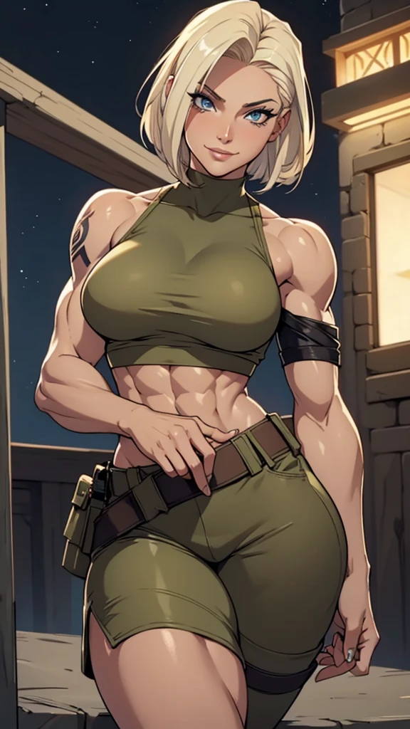 Score_9, score_8, score_7_up, extreme close up, stretching, dark skin, pixie cut, black hair, blonde highlights, pierced eyebrow, toned, sweaty, tight cropped tank top, covered nipples, big breasts, hip holster, green eyes, eyeliner, lipstick, body scars, tactical gloves, dogtags