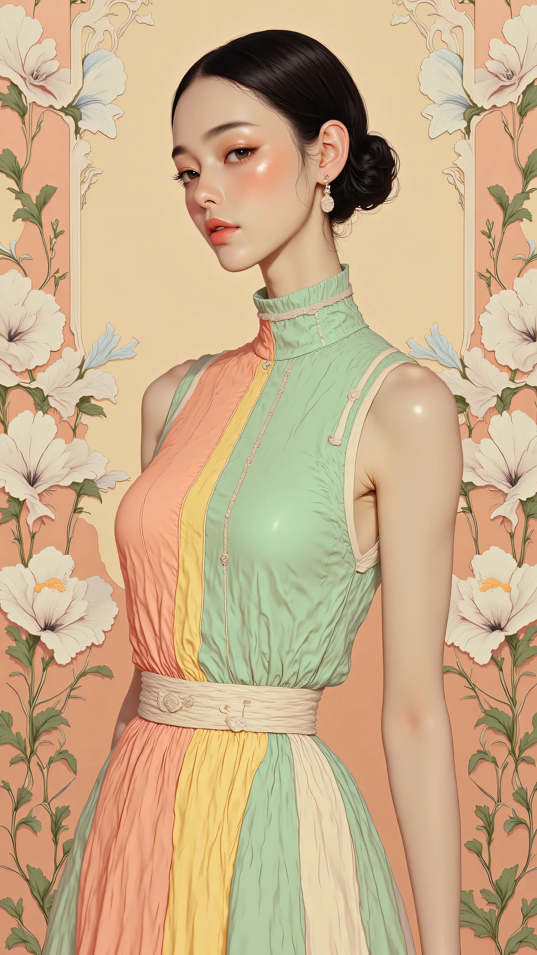 32k, Masterpiece, top quality, (( Korean middle-aged woman ))  Create a photo of a stylish woman adorned in a light green sleeveless dress with layered shades of peachy pink mixed with a subtle light yellow in section panels, with various thinly styled shoulder straps and a matching belt, standing in front of a wallpaper featuring a floral pattern composed of flower-like constructions, each with black lines and in cream, pale blue, pale peach, and yellow, outlined with a lilac colored vine, framed on a salmon pink base to reveal a beige colored background.