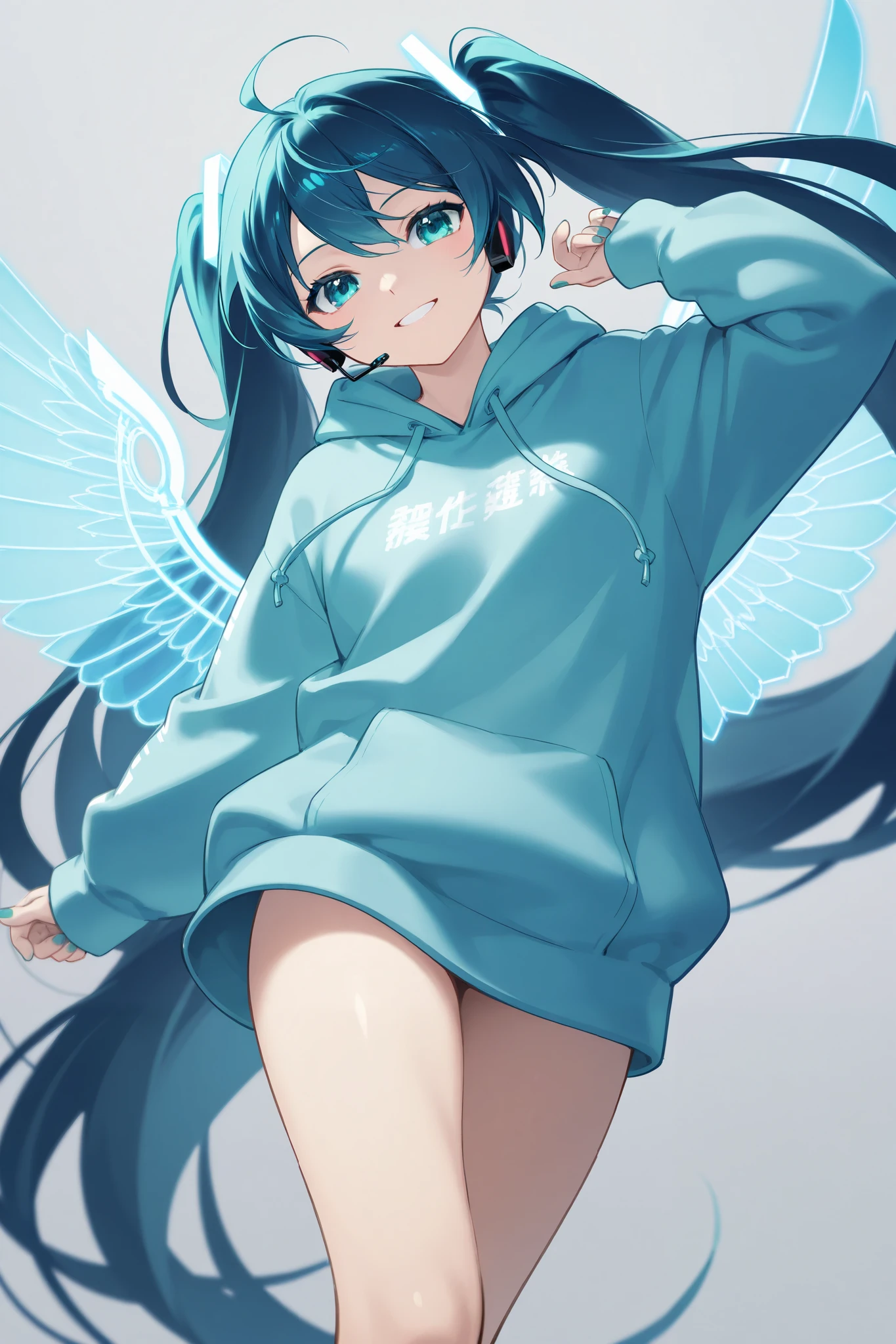 (masterpiece、Highest quality、Highest quality、Official Art、Beautiful and beautiful:1.2)、(One girl:1.3)Hatsune Miku、Twin tails,Beautiful breasts,nude nude a cute adult male with wolf ears, by white, has a wolf tail, wearing a baggy oversized black hoodie, wearing a pair of denim short shorts and fishnet stockings, thick thighs, Wide hips, Relaxing on a pile of fluffy, multicolored kawaii stuffed animals, short, very thin, showing slim belly, stretch out, heart in hoodie, soft thighs, has bright blue eyes. alone, alone (alone)(alone), surrounded by rainbow, colorful galaxy background