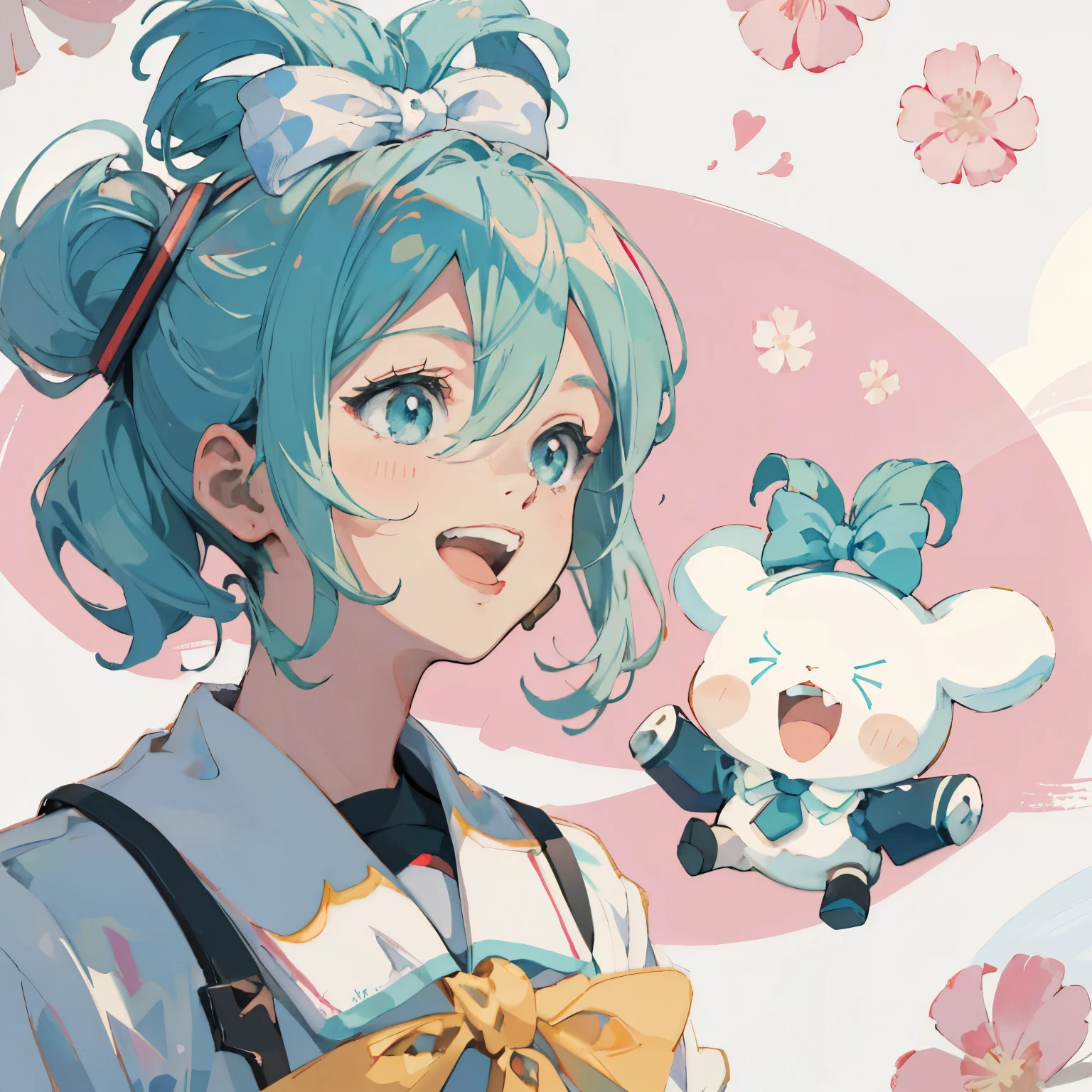 Cinnamic, Hi-Res, staring at God , Brush, smile, open your mouth , shortcuts , top quality, upper body, floral background