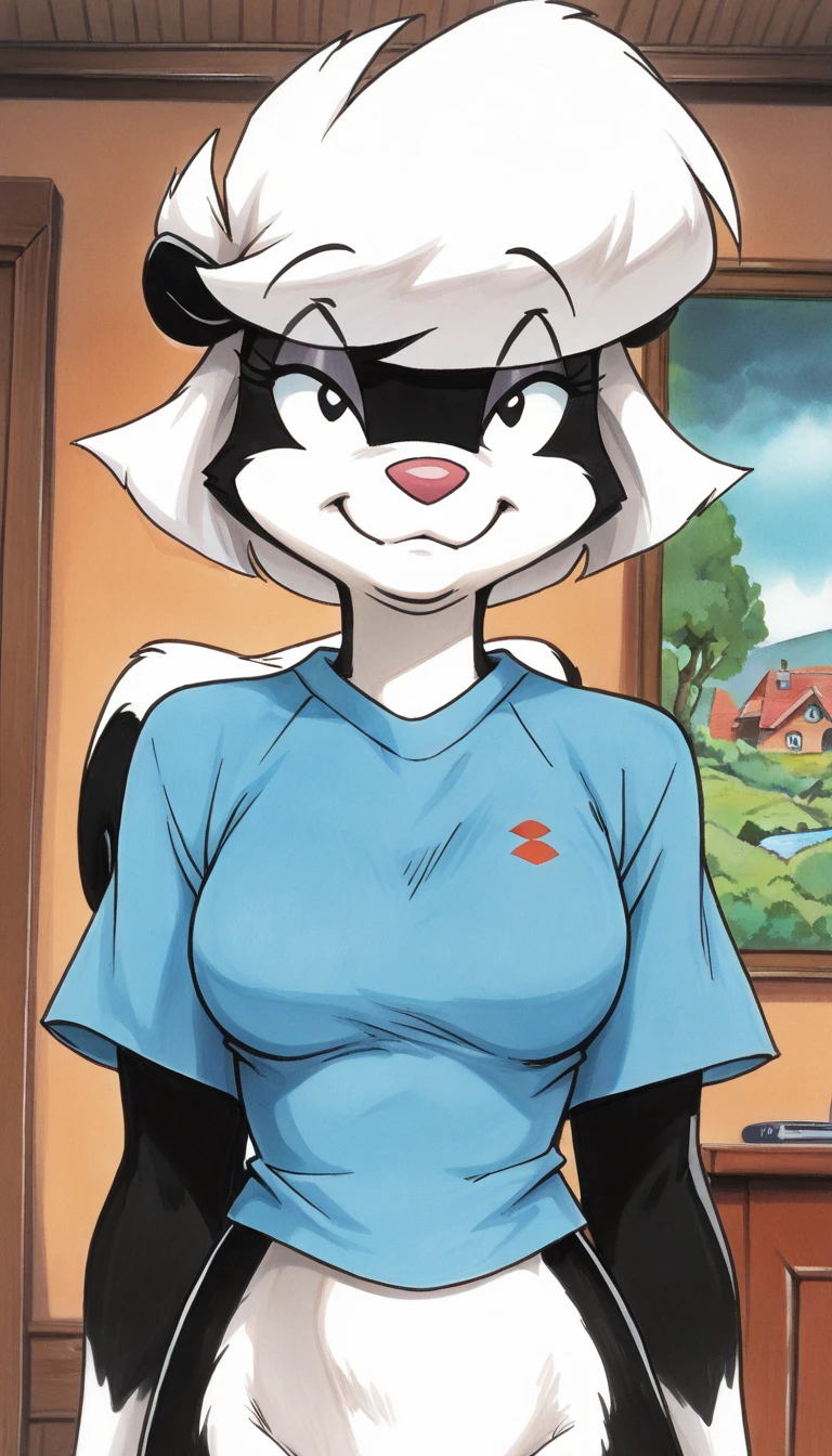Minvera mink from Animaniacs and wearing a long red shirt and wearing black shorts and sitting down with crossed legs pose
