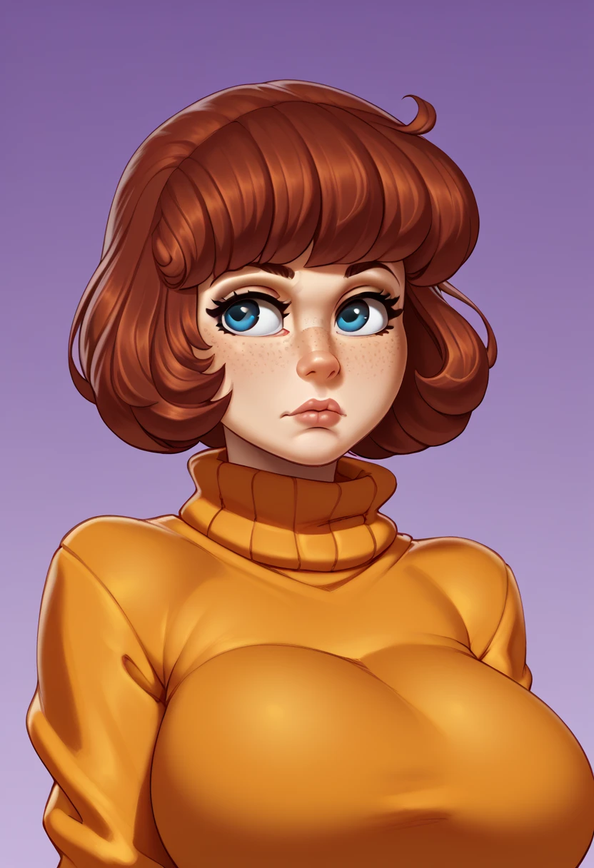 1woman, short curly orange hair, green eyes, freckles, full lips, medium breasts, white sweater, smile, solo, best quality, masterpiece, portrait, simple background, looking at the camera, from the front, 1result, vibrant, detailed, perfect anatomy, detailed art, high definition, 4k, high resolution