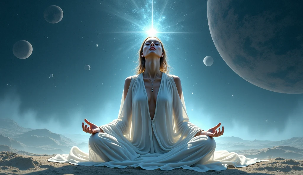 En el centro de la imagen, The human figure is surrounded by a powerful aura of light, It is emitted outwards in all directions, Symbolizes the relationship with the gods. The aura is composed of a variety of colors, purple clouds, shades of blue, Unripe, and pink, Produces dynamic and energetic energy.. There is a very bright shining point in the middle of the forehead. The human figure appears to be in a meditative or meditative state, Keep your eyes closed, And the face is peaceful and serene. They appear to be completely one with the universe, It is connected to the surrounding stars and planets.. The images evoke a sense of awe and wonder, It makes the viewer think about the beauty and mystery of the universe.. It reminds us of the infinite possibilities that exist beyond our understanding, And encourages us to explore our spiritual connection with the universe and with God.