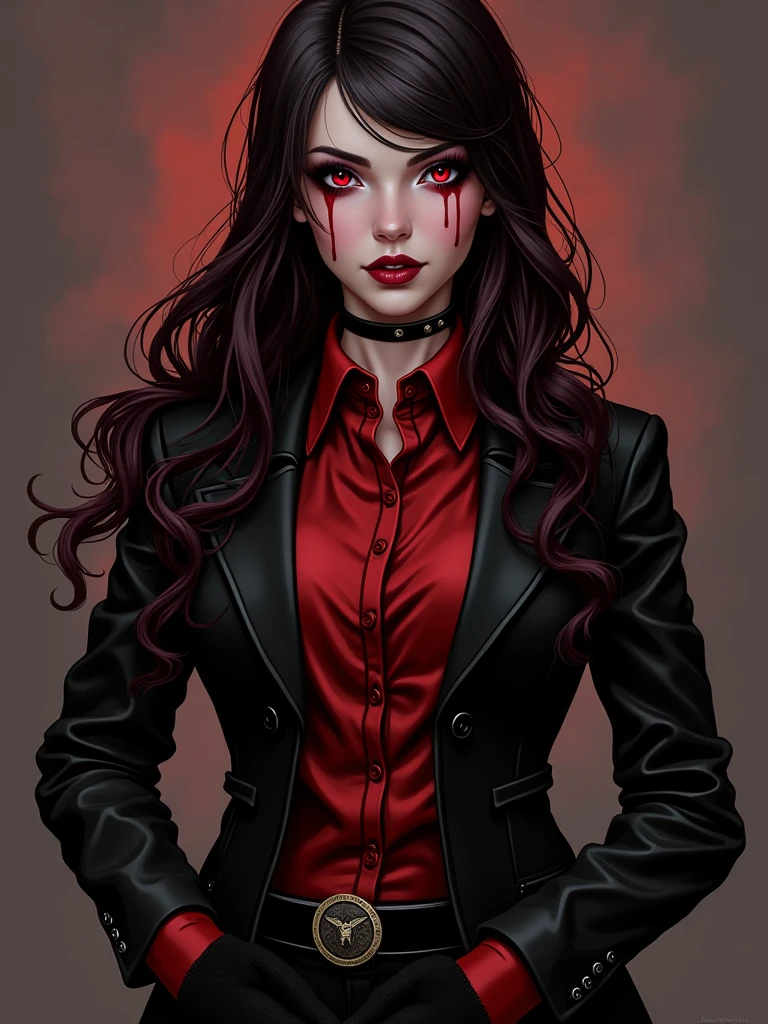 1 zombie girl, zombie girl, zombie, school uniform, red, curly short hair, black eyes, no smile, no face expression, staring at the viewer, creppy, heart shaped lips, zombie girl, full body, distant view, zombie, scary, creepy, blood
