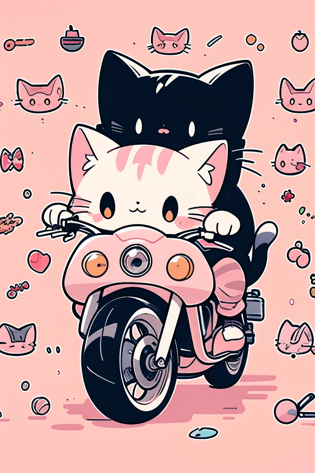 ((pink cats pattern background:1.1)),((Many animals with cats:1.2)),((Riding a Harley-Davidson:1.0)),