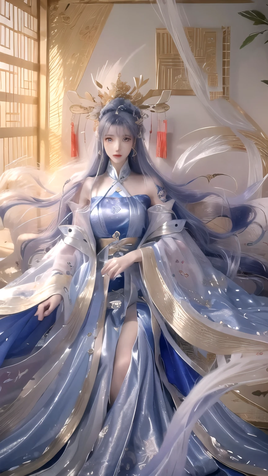 “A long silver-haired woman’s close-up portrait, wearing a soft blue dress ancient chinese hanfu like a goddess that frames her body, sitting on clear water with flying cherry petals, realistic details on skin and fabric, dramatic lighting, background of cherry trees, quiet and charming atmosphere, ultra-detailed, 8k resolution.”Unreal Engine, change clothes into bluish white goddess hanfu