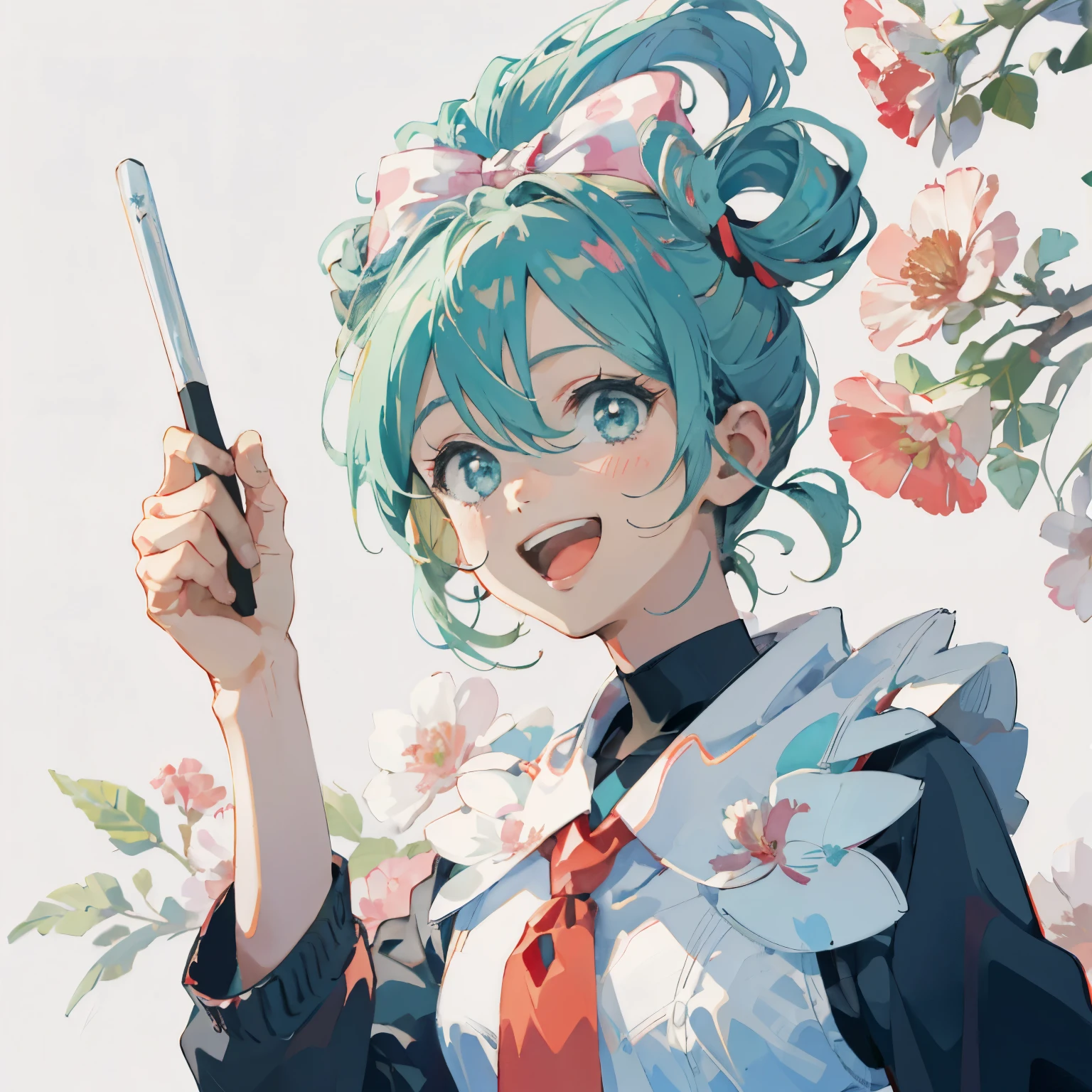 Cinnamic,  Hi-Res,   staring at God ,  Brush,  smile,    open your mouth ,   shortcuts ,   top quality,   upper body, floral background 