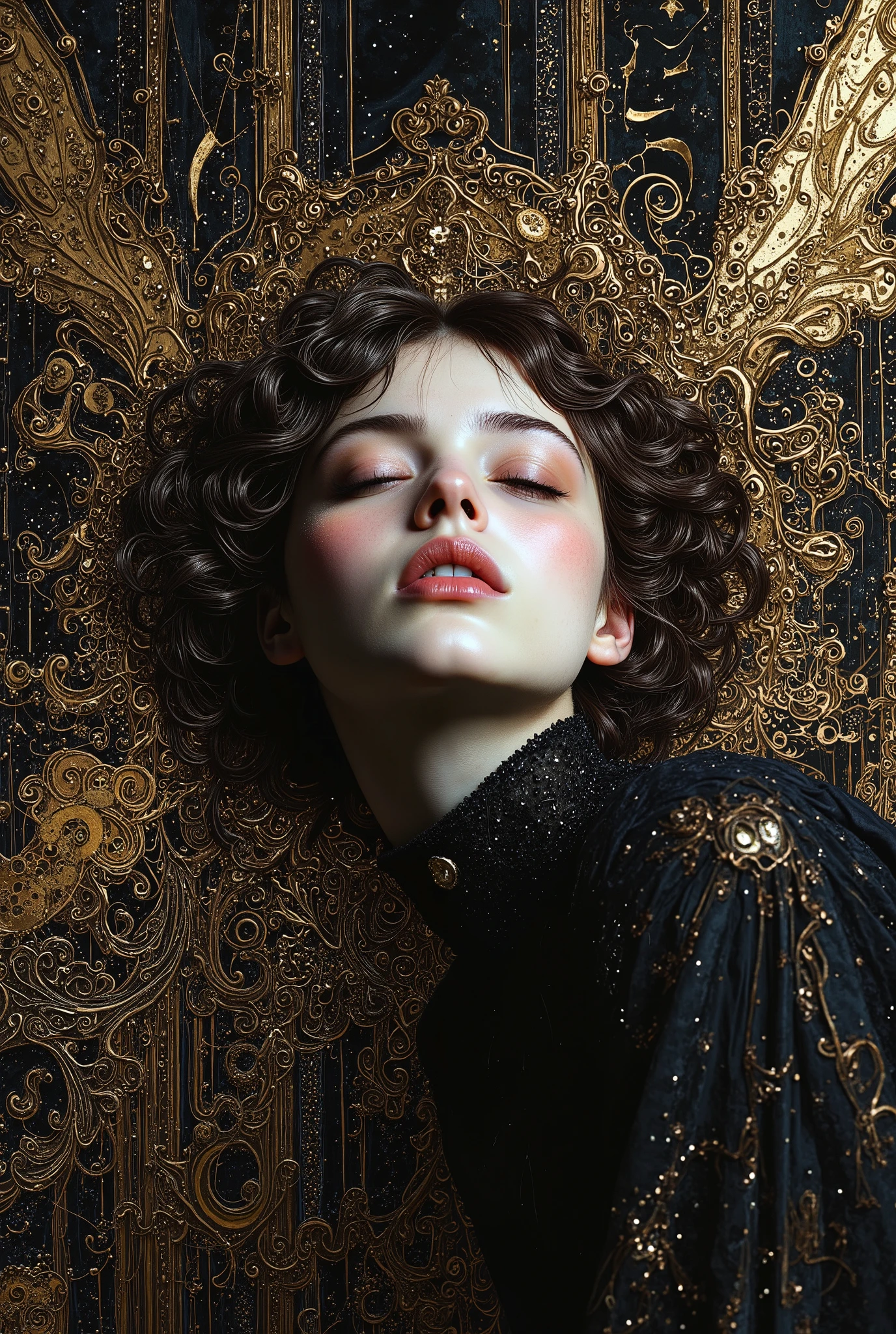 by Gustav Klimt, (masterful and beautiful:1.4), poster art, bold lines, hyper detailed, expressive, award winning, (intricate details, masterpiece, best quality:1.4), looking at viewer, dynamic pose, in the style of nicola samori