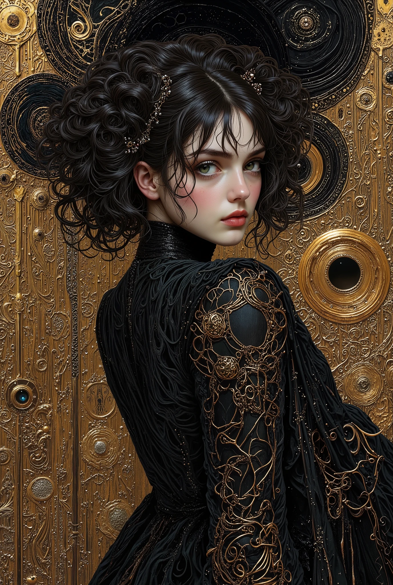 by Gustav Klimt, (masterful and beautiful:1.4), poster art, bold lines, hyper detailed, expressive, award winning, (intricate details, masterpiece, best quality:1.4), looking at viewer, dynamic pose, in the style of nicola samori