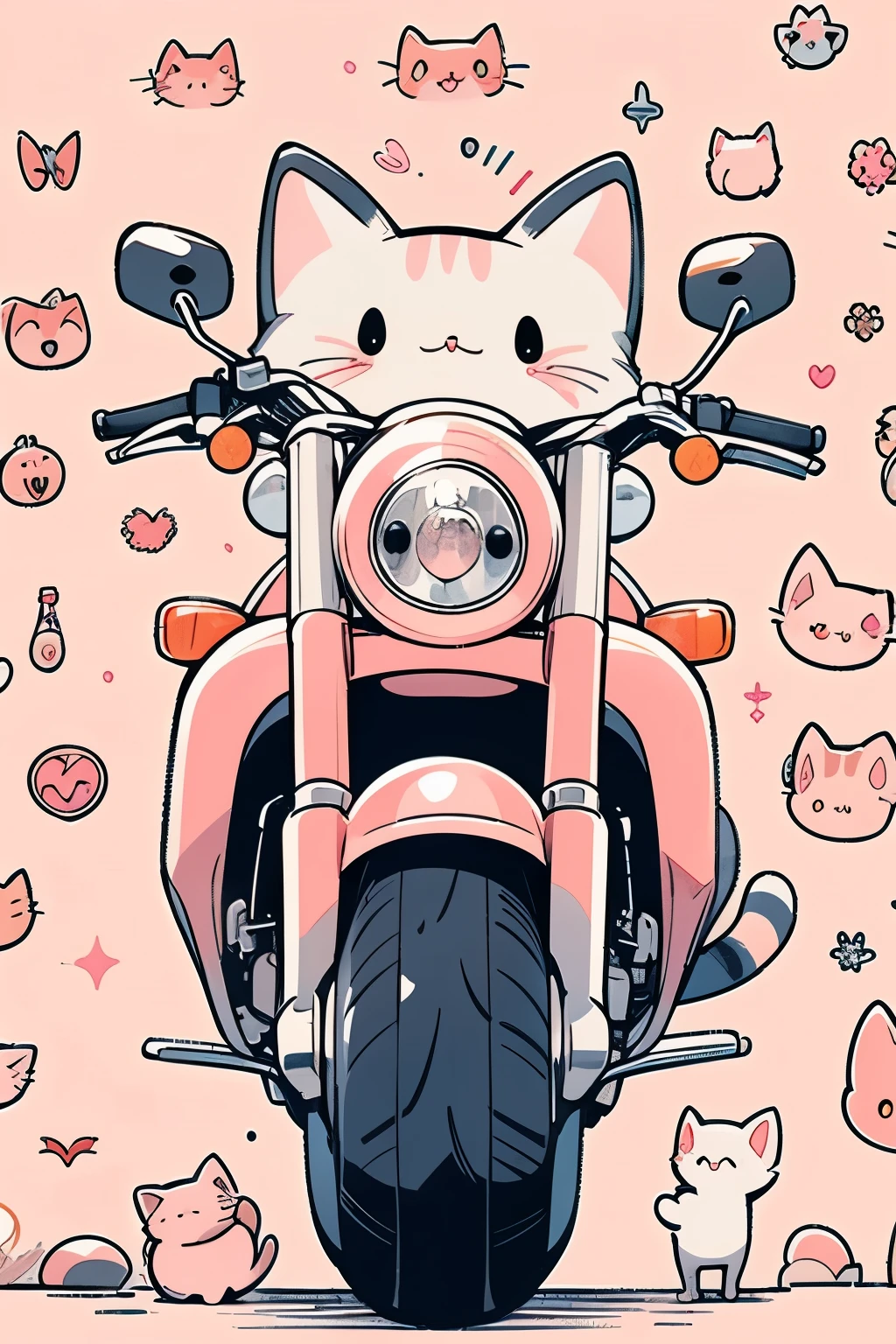 ((pink cats pattern background:1.1)),((Many animals with cats:1.2)),((On a Harley-Davidson:1.0)),
