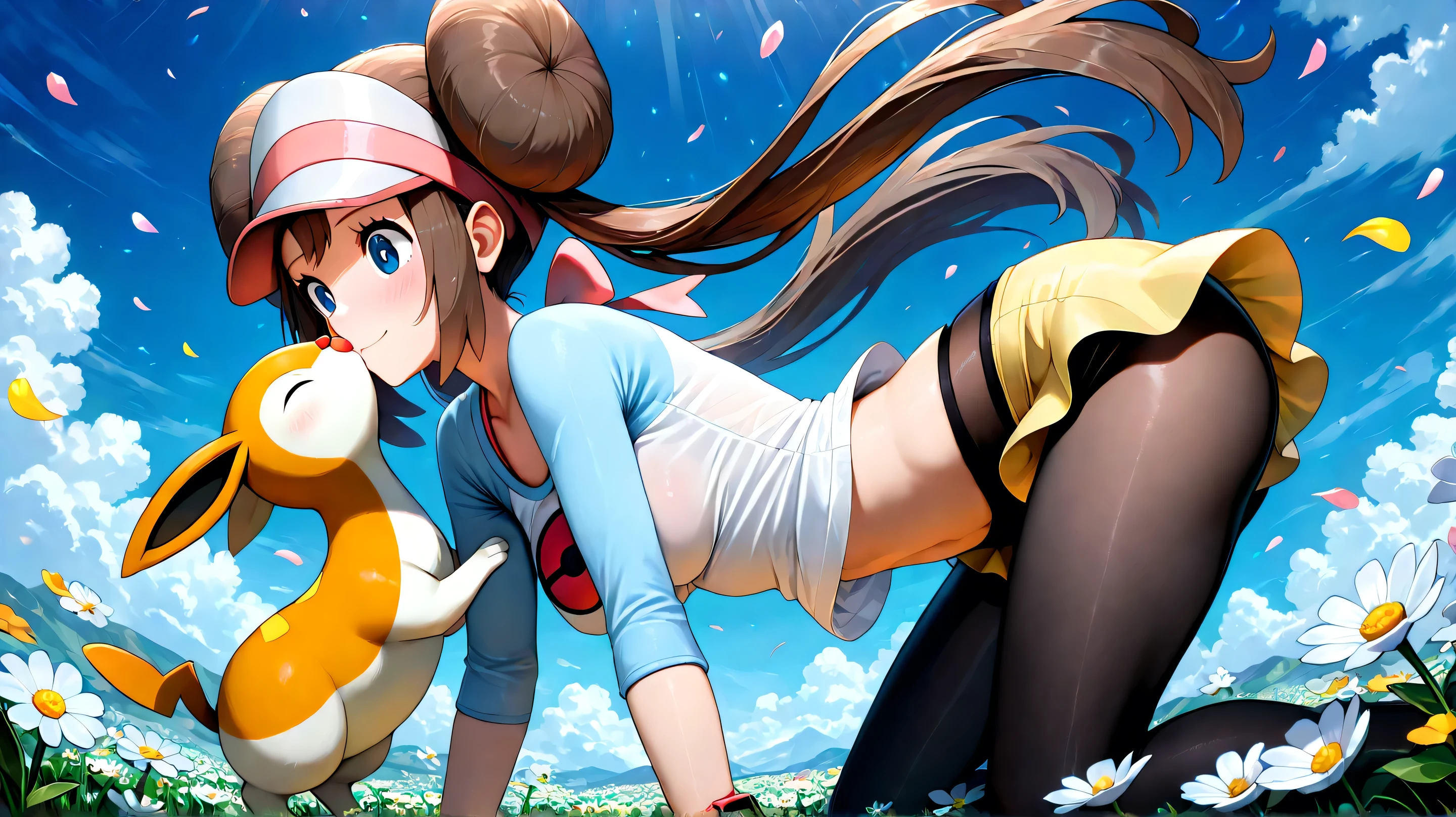nsfw,anime,masterpiece, best quality, highly dramatic picture, beautiful eyes, cinematic lens effect, ultra cute,flower field,petals,bloom,low angle,cowboyshot,from side,Character pokemon,aarosa, long hair, brown hair, double bun, twintails, visor cap, blue eyes, medium breasts, collarbone, pink bow, shirt, raglan sleeves, wristwatch, short shorts, yellow shorts, pantyhose under shorts, pantyhose,black pantyhose,(sheer pantyhose:1.5),(wind lift:0.8),midriff,all fours,smile,closed eyes,(kissing pokemon)