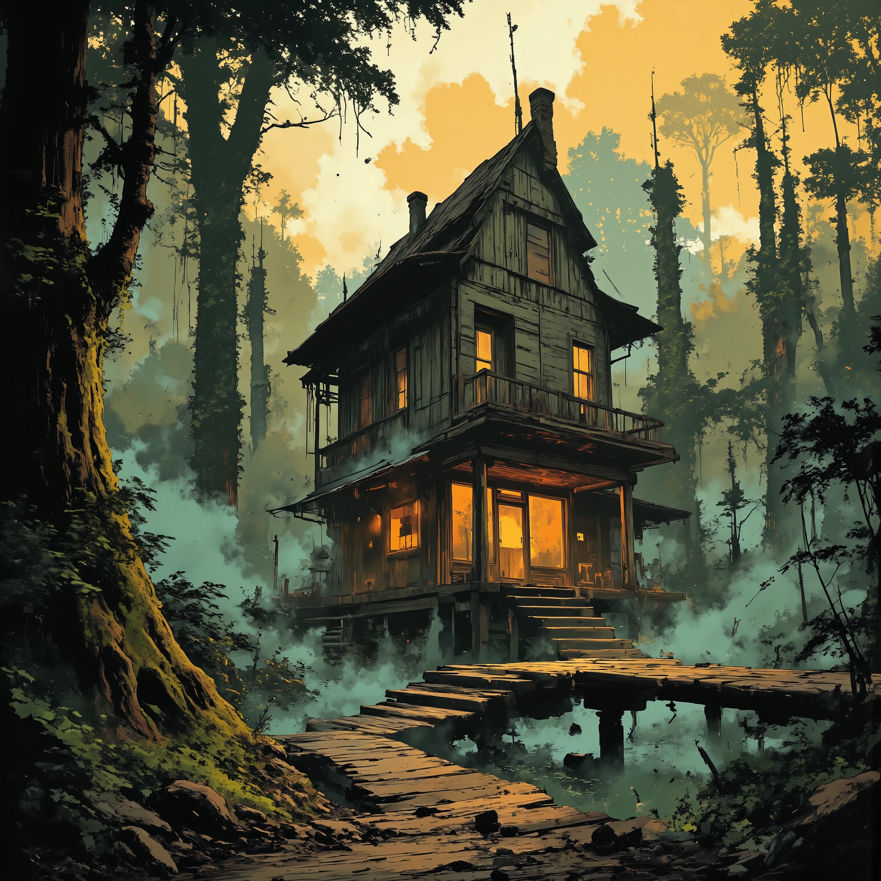 Rock and musg house in tropical swamp, fog, sunlights