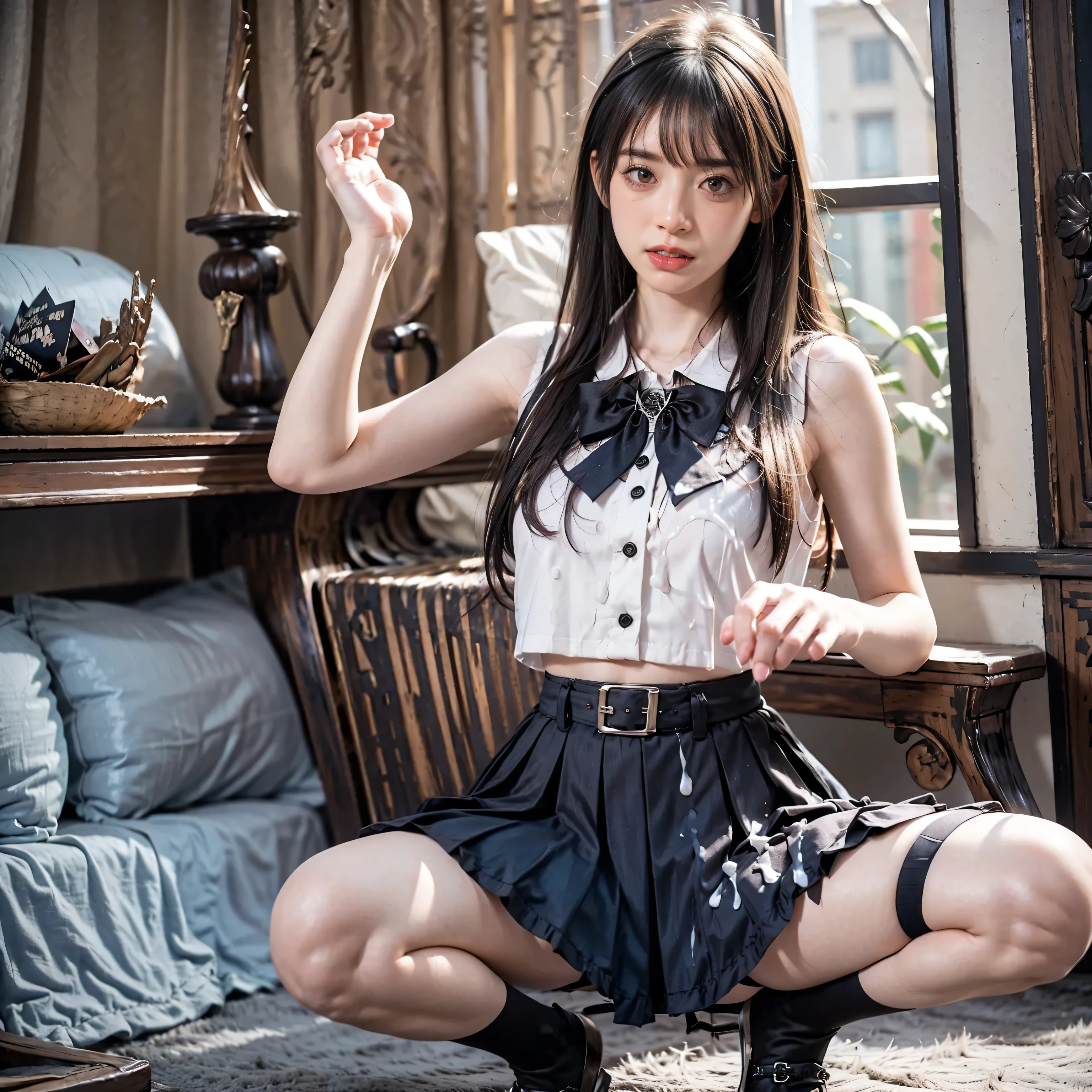 arafed asian woman in a skirt and a white shirt posing for a picture, japanese school uniform, japanese girl school uniform, wearing japanese school uniform, cute schoolgirl, jk uniform, beautiful anime high school girl, Wear loafers, Open belly button, Open belly, See the belly, low waist mini skirt, Skirt open,Skirt in half,Open Skirt,Not wearing underwear,No Panties,without underwear, wear black thigh high socks, bow, bowtie, long black hair straight, video, long foot, slender, young gravure idol, realistic young gravure idol, young pretty gravure idol, young skinny gravure idol, japanese model, 1 person, from the front, Full body standing pose, cum on face, cupping hands, cum on hands, cum on pussy, mouth full of cum, man, gay, cum swapping, excessive cum, JK_style, mouth full of cum, cumdrip, after sex, after vaginal, amateur, flash photo, dark background, cum on clothes, real, photorealistic, skirt, 手をスカートの裾につける, a woman on her knees, 目を閉じる, cum on breasts, sleeveless, man, gay, ドクロのアクセサリー, Lifting Skirt, GothGal, wearing a GothGal outfi, dress, ribbon, frills,