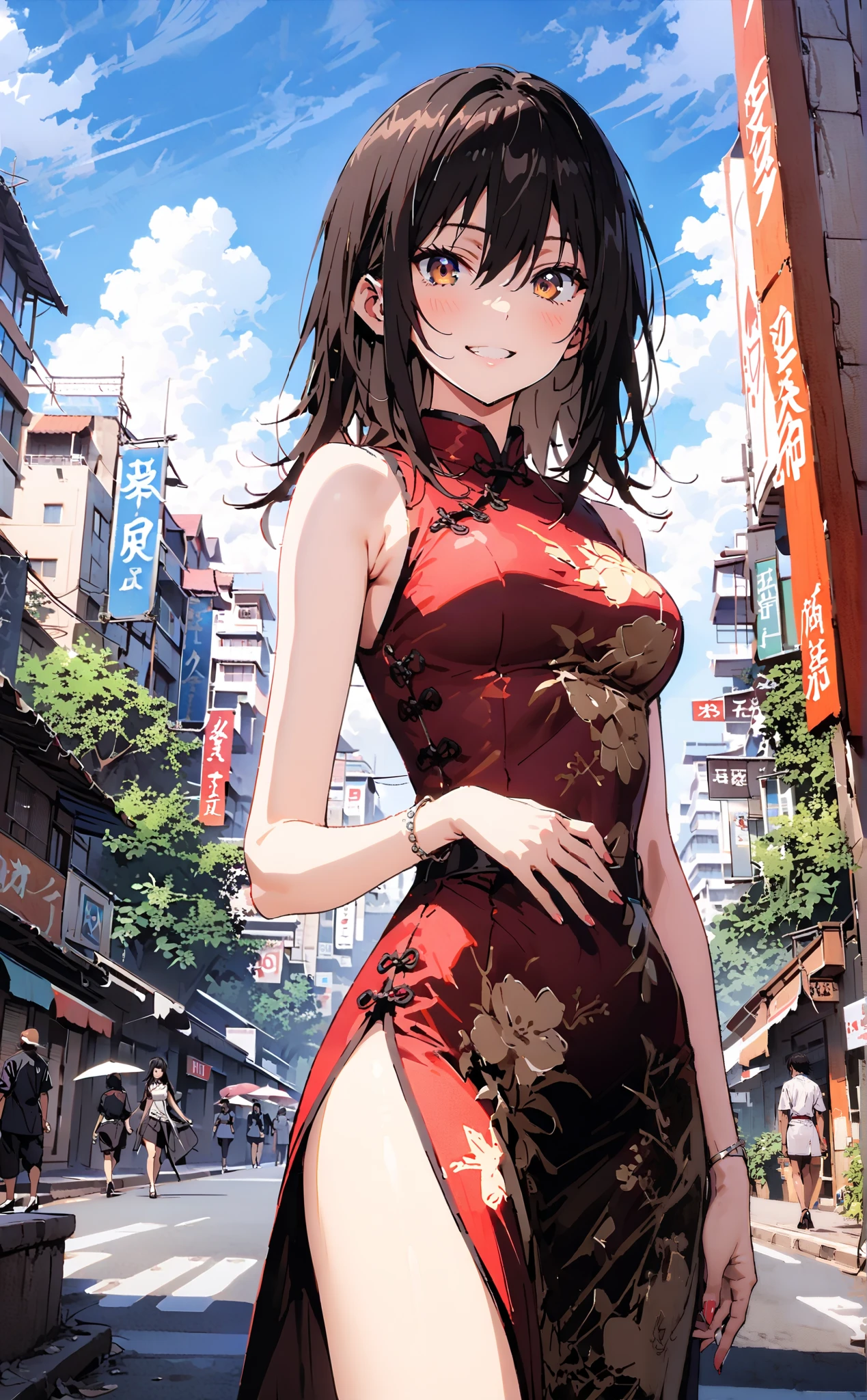 Yukina Himeragi, short hair, black hair, brown eyes,Alone,smile, grin ,Medium breast,Sleeveless blue Chinese clothes , blue long slit , pin heels, putting one hand on the waist , angle from below, is standing,whole bodyがイラストに入るように, break outdoors, Chinese cityscape ,
break looking at viewer,whole body,
break ( Masterpiece:1.2), top quality , kampala, Unity 8k Wallpaper,(shape:0.8),( fine, beautiful eyes :1.6),It's a person ,whole body写真,CG Details , ( perfect hands, Complete Anatomy),