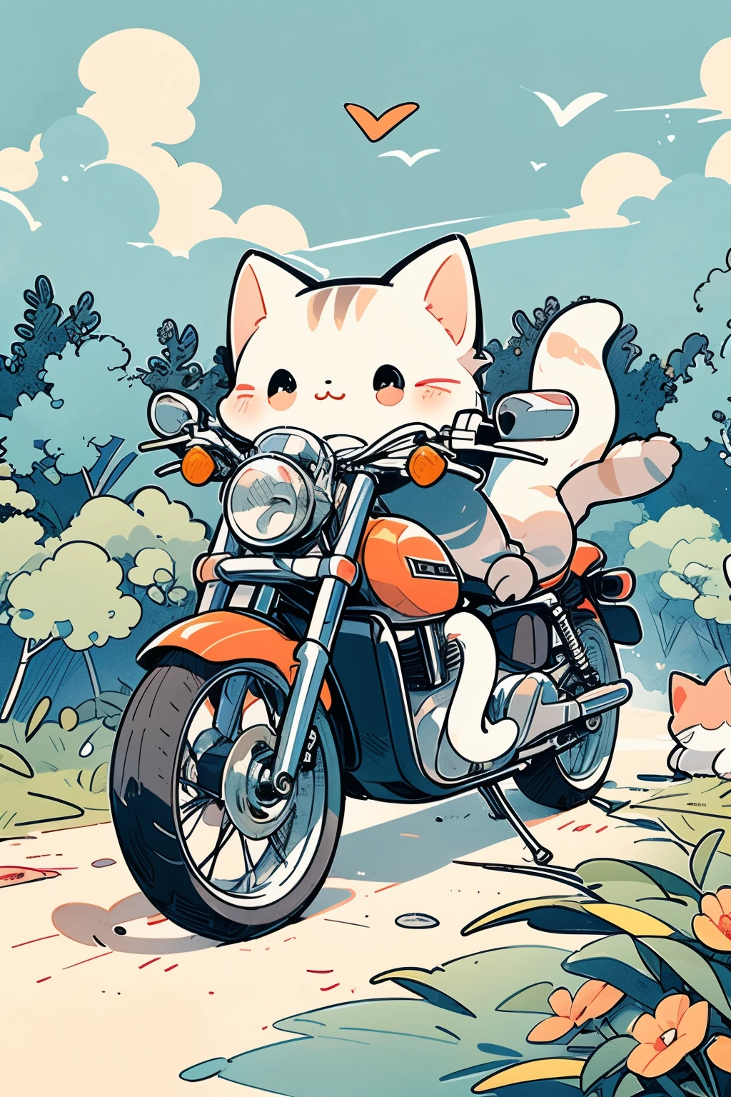 ((cute illustration taste wilderness:1.1)),((Many animals with cats:1.2)),((On a Harley-Davidson:1.0)),
