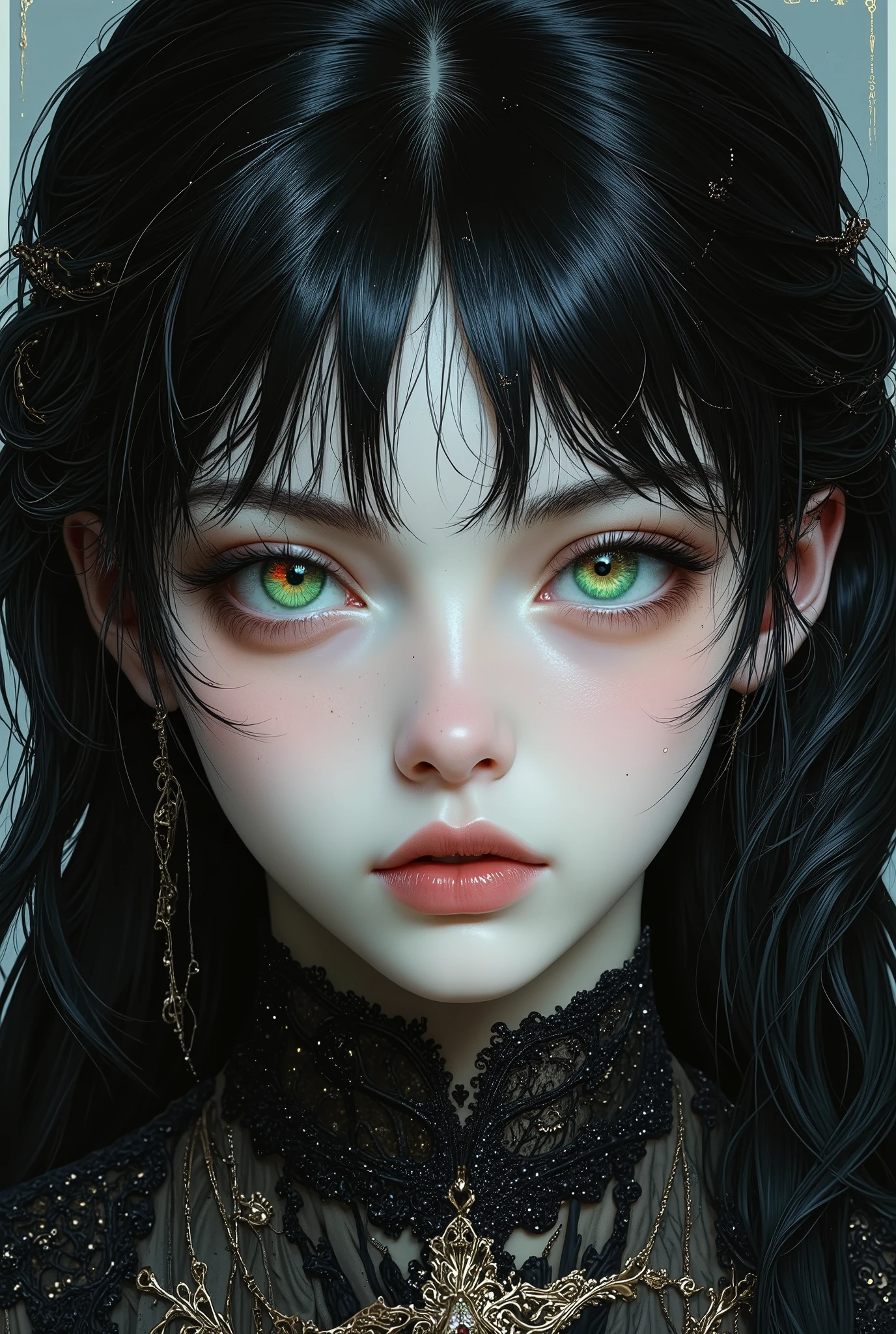Real girl with black hair white skin with one green and one red eye