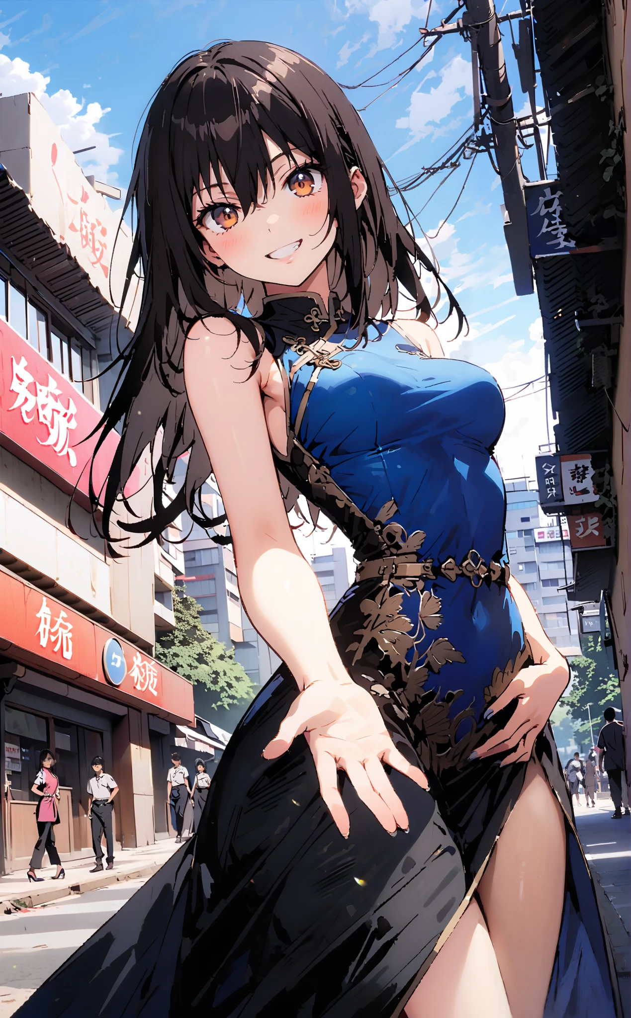 Yukina Himeragi, short hair, black hair, brown eyes,Alone,smile, grin ,Medium breast,Sleeveless blue Chinese clothes , blue long slit , pin heels, putting one hand on the waist , angle from below, is standing,whole bodyがイラストに入るように, break outdoors, Chinese cityscape ,
break looking at viewer,whole body,
break ( Masterpiece:1.2), top quality , kampala, Unity 8k Wallpaper,(shape:0.8),( fine, beautiful eyes :1.6),It's a person ,whole body写真,CG Details , ( perfect hands, Complete Anatomy),