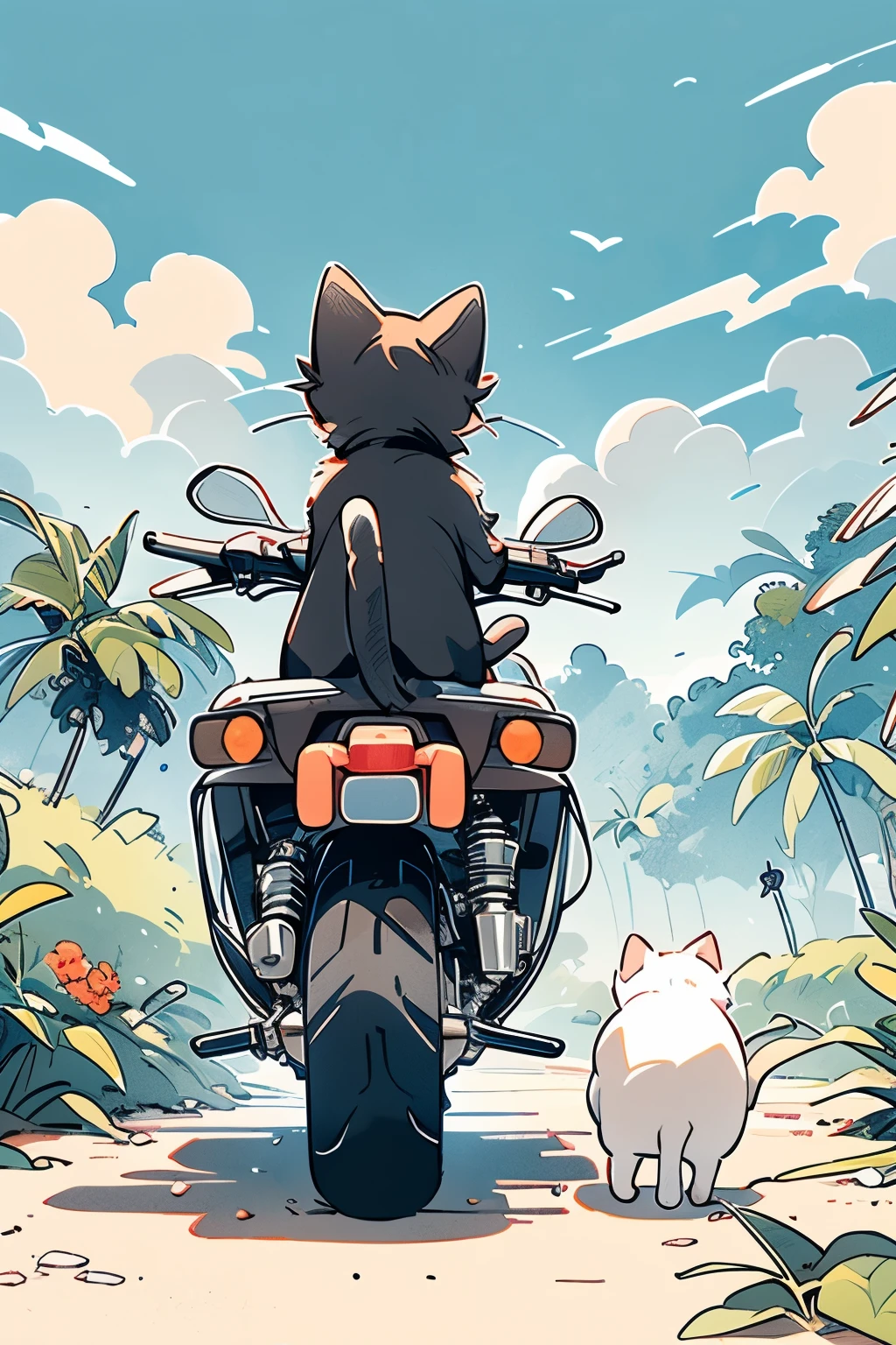 ((wilderness:1.1)),((Many animals with cats:1.2)),((On a Harley-Davidson:1.0)),