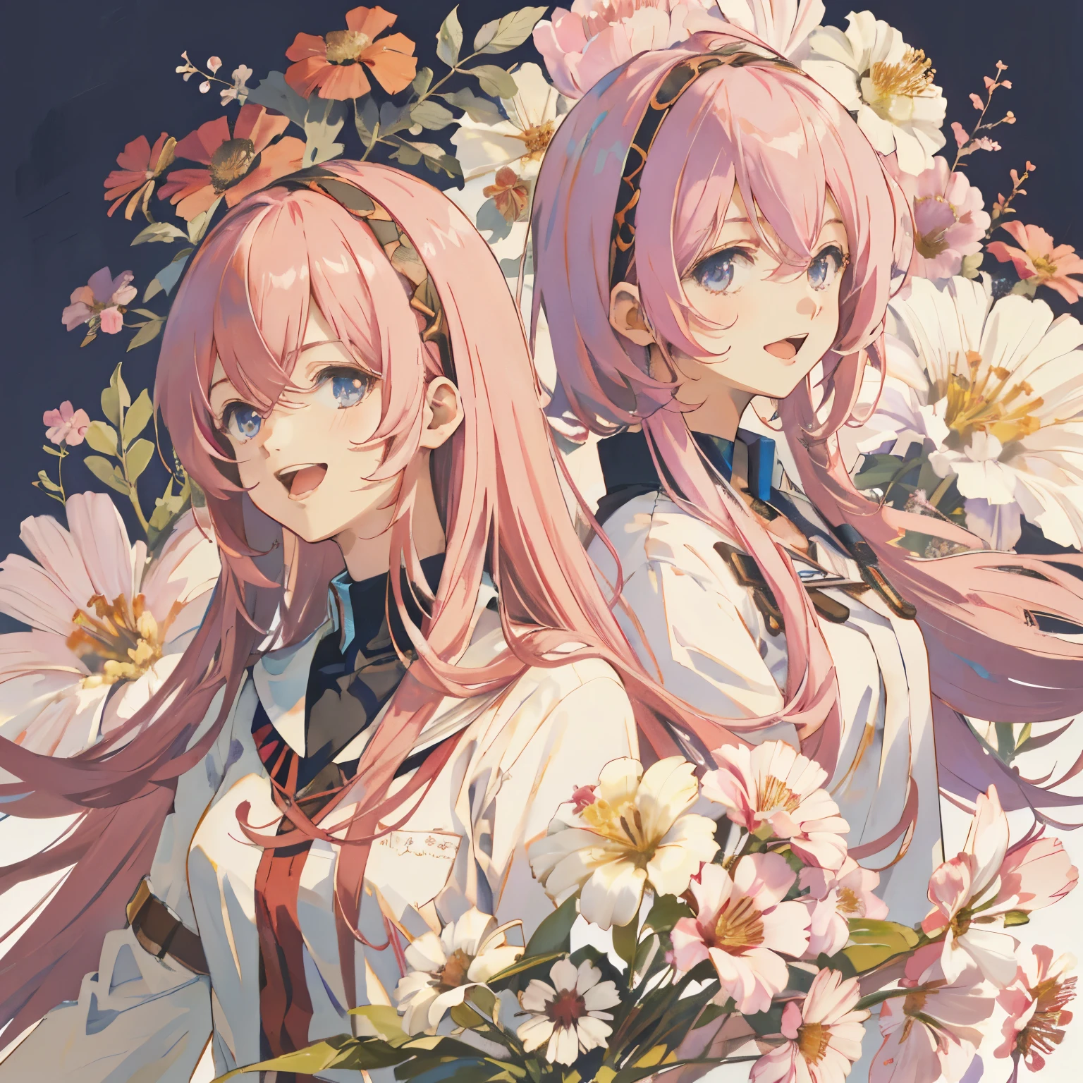 Megurine Luka, Hi-Res, staring at God , Brush, smile, open your mouth , shortcuts , top quality, upper body, floral background