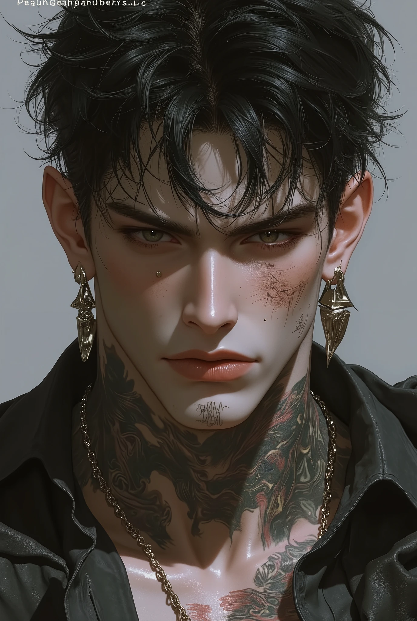 Young man with olive skin, short dark hair, tattoos crossing his body , rings on his earlobes, scars on her face .