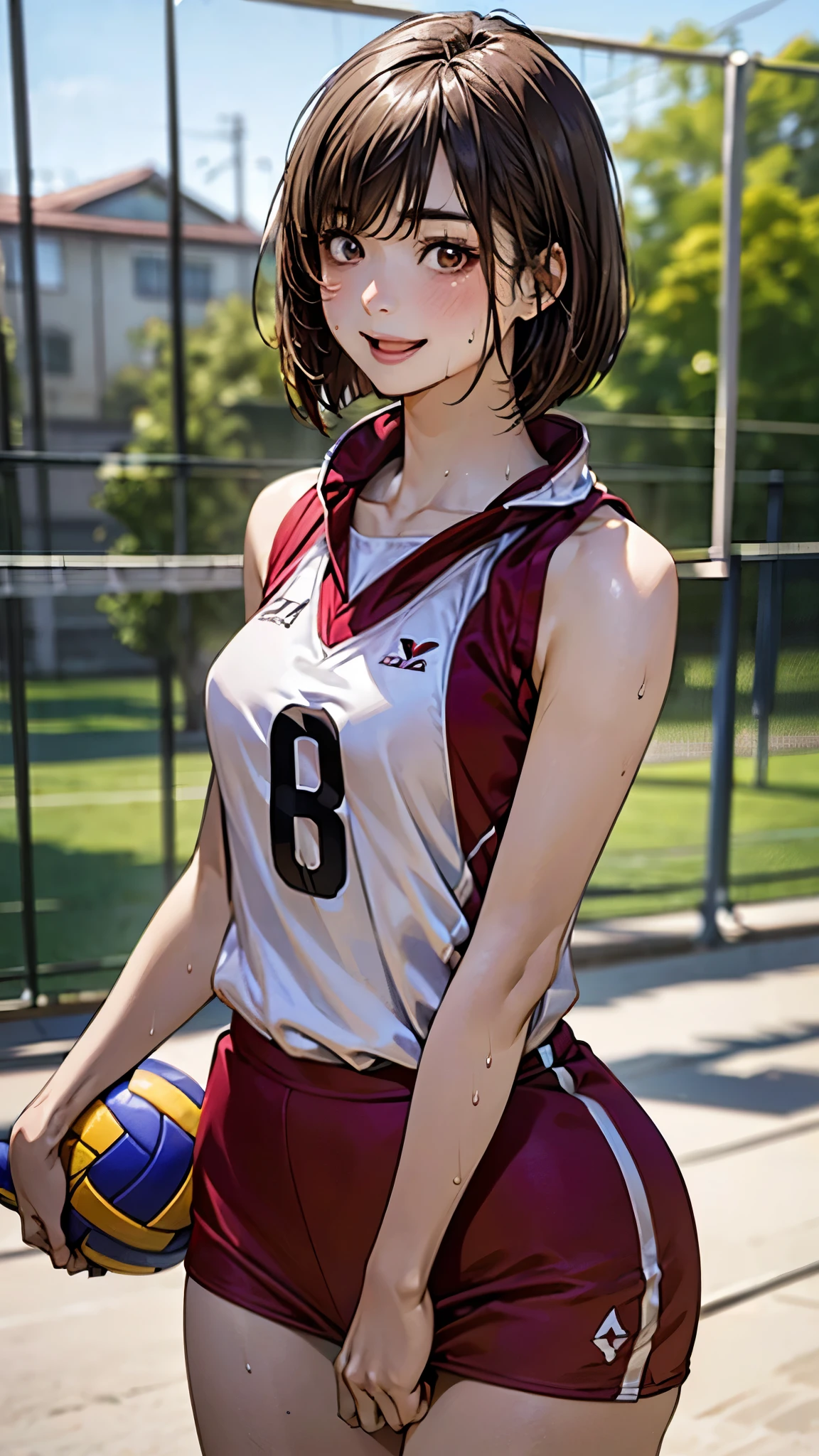 (masterpiece:1.3, top-quality, ultra high res, ultra detailed), (realistic, photorealistic:1.4), beautiful illustration, perfect lighting, natural lighting, colorful, depth of fields, 2025s, ,
beautiful detailed hair, beautiful detailed face, beautiful detailed eyes, (perfect anatomy, anatomically correct, super detailed skin), pink skin, shiny skin,
looking at viewer, 1 girl, high school girl, volleyball player, cute and symmetrical face, perfect face, perfect eyes, perfect body, face, cute face:1.2, tiny,
(short hair, bob cut, brown hair), swept bangs, long bangs, brown eyes, long eye lasher, (medium breasts, narrow west, seductive thighs), slender,
(detailed cloth texture), break ((red brm, sleeveless japanese national volleyball uniform)), break clavicle, (thighs), sweaty,
(beautiful scenery), evening, detailed background, (gym:1.5, volleyball coat), walking, (pose with movement), (lovely smile, open mouth small),
