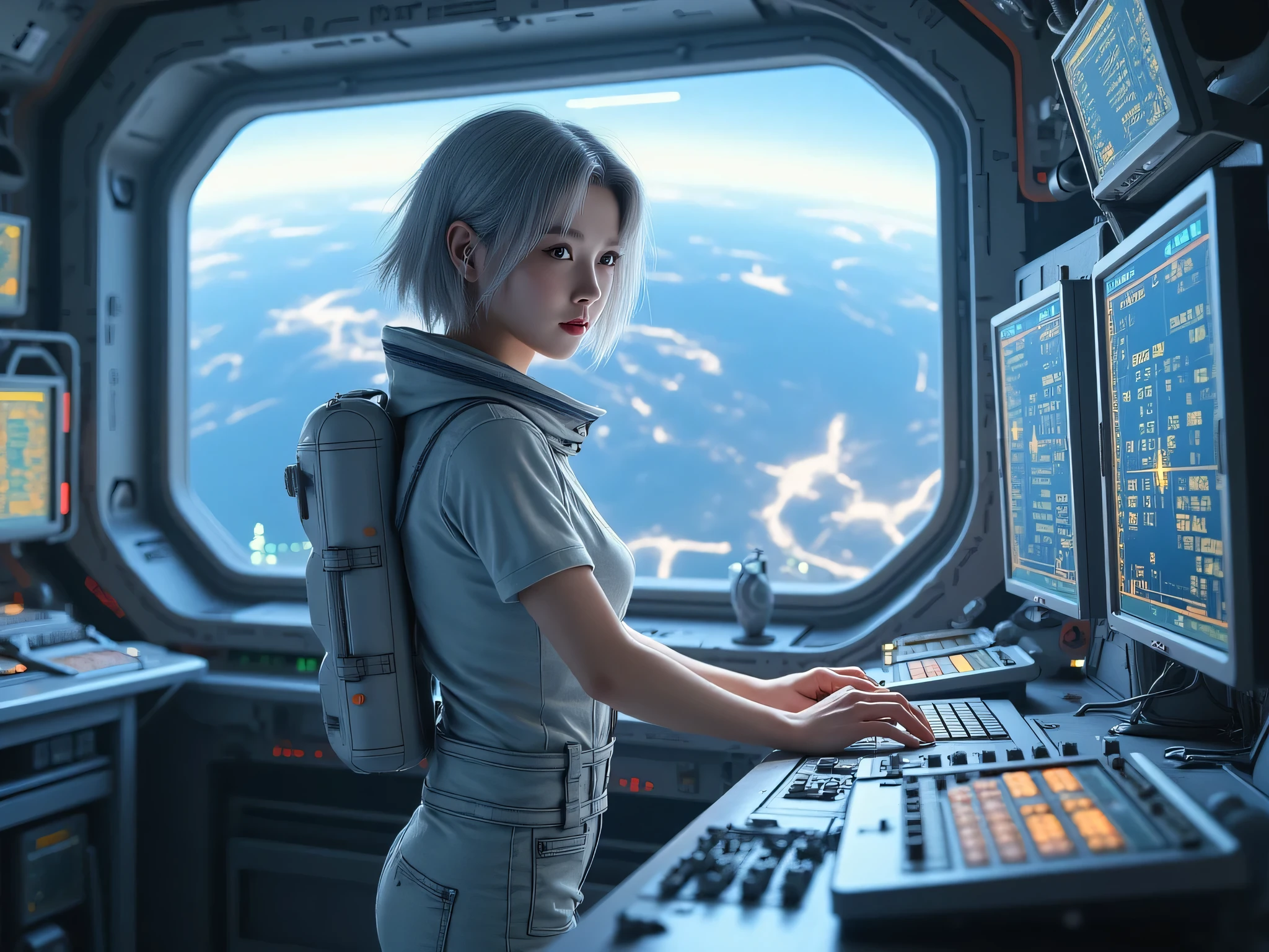 a masterpiece ,Space and astronauts, Messy silver hair, blue eyes , a female astronaut working Inside the spacecraft, futuristic high tech space station. behind her are huge space station window