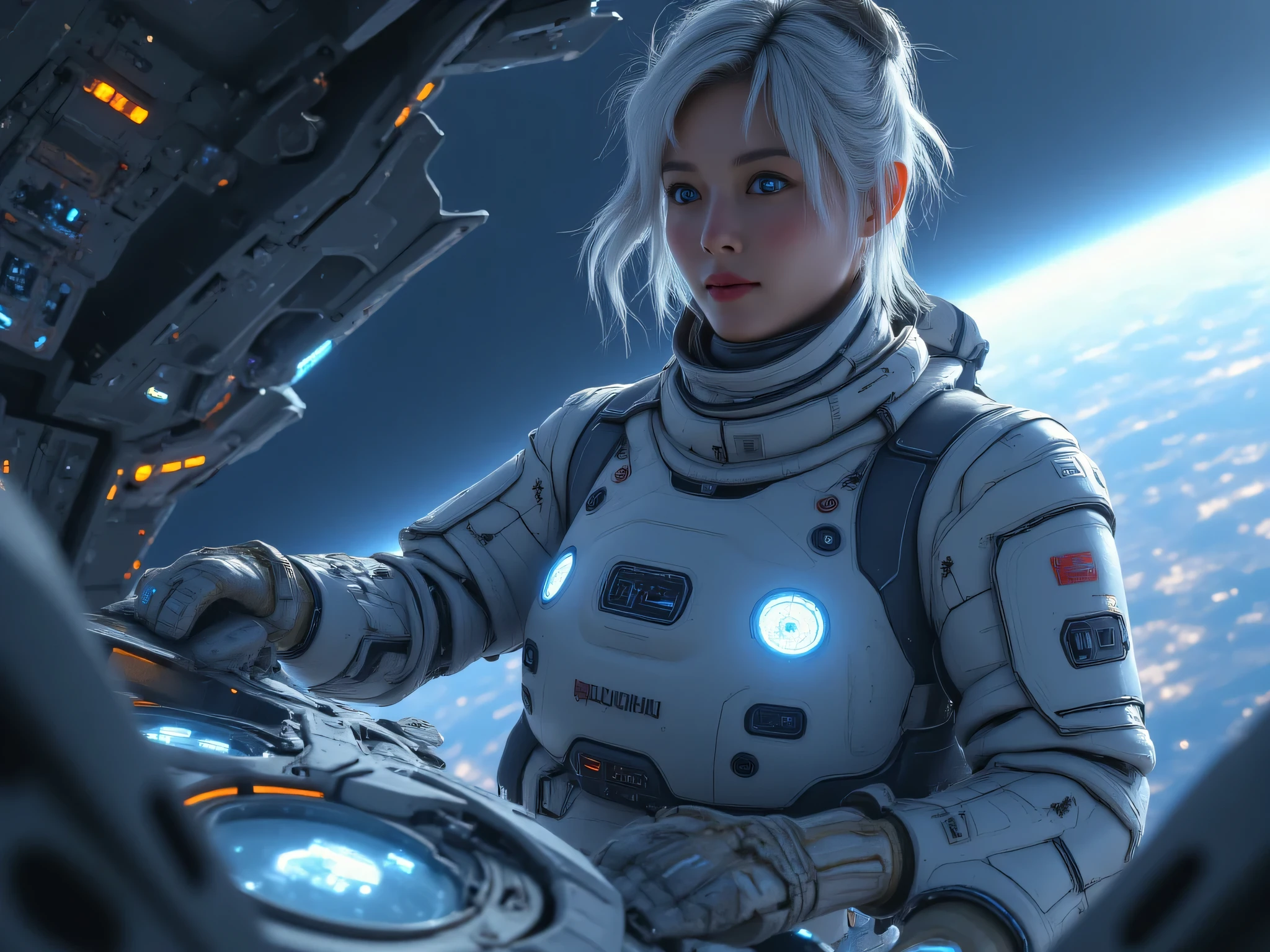 a masterpiece ,Space and astronauts, Messy silver hair, blue eyes , a female astronaut working Inside the spacecraft, futuristic high tech space station. behind her are huge space station window