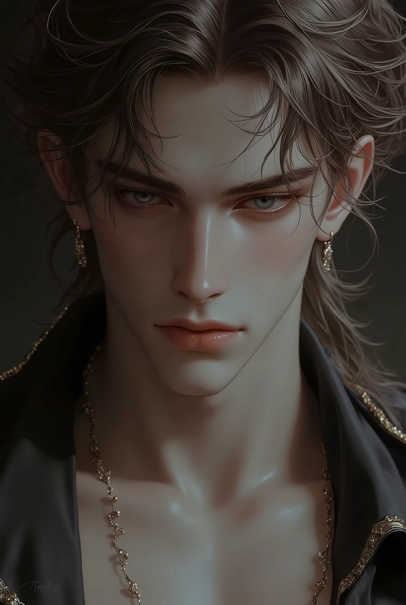 (extremely detailed 8k wallpaper), a medium shot shot of a young male model, blue eyes, brown hair, strong jawline, fearful, intricate, high detail, dramatic, fit body, which tall, full body, prince aesthetic, gothic architecture, shirtless,