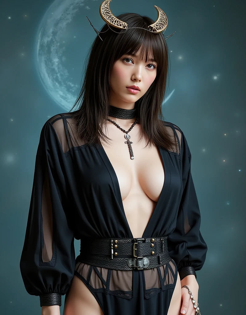 A human figure is meditating in the lotus asana,Glory of darkness triumphant,seraphic deviltry, cosmos,dark green, black and dark grey,female, sweet, three quarter wiew,entire figure from head to toe, fractal background,digital art