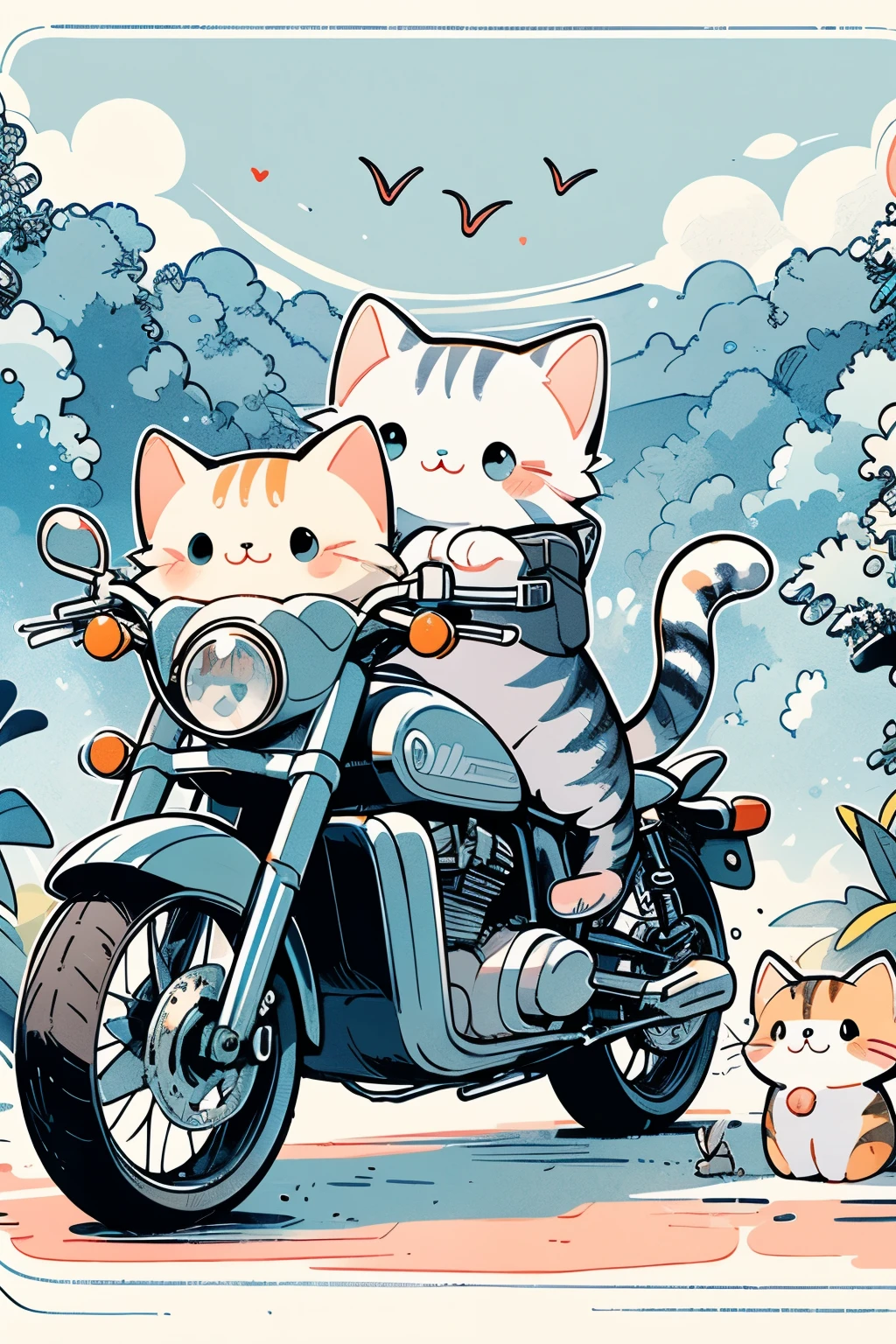 ((cute illustration taste wilderness:1.1)),((Many animals with cats:1.2)),((On a Harley-Davidson:1.0)),((over-size travel backpack:1.0)),((helmet:1.1))