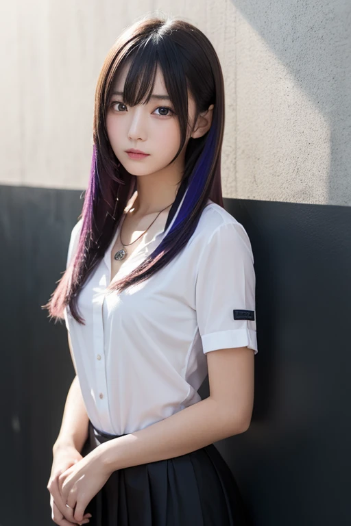 purple, purple hair, hair between eyes, green eyes,(best quality:1.0), (ultra highres:1.0), head focus, selfie, 1 girl, very slim, detailed beautiful skin, pink on face,(blush), wet, young girl, black chocker, rainy, black shorts, black pantyhose, pantyhose,((white shirt)),street,(night),walking, middle breasts, cute, sweet, sweet smile,