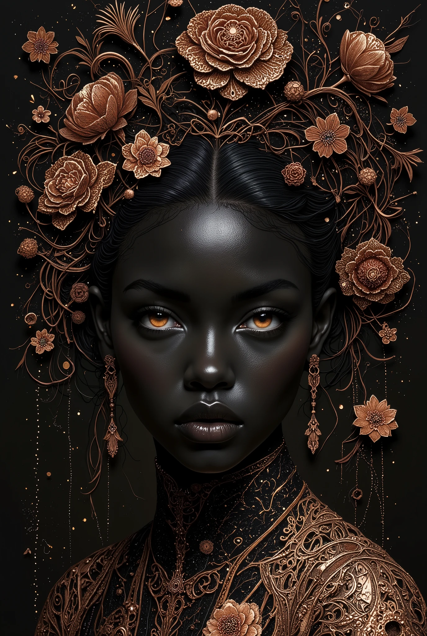 A black woman with dark skin and golden brown eyes, adorned in intricate floral designs that intertwine seamlessly within her contours, creating an elegant composition on the canvas of darkness. The artwork is rendered using a palette dominated by shades of copper and rose gold, adding depth to its visual appeal. This illustration showcases a blend of traditional ink painting techniques with modern digital artistry, resulting in a captivating masterpiece, focusing on her face in the style of traditional ink painting.