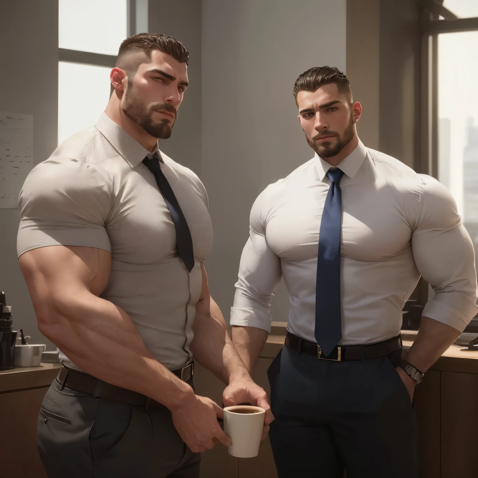 (best quality:1.5, hyperrealistic:1.5, photorealistic:1.4, madly detailed CG unity 8k wallpaper:1.5, masterpiece:1.3, enthusiastically detailed photo:1.2), (hyper-realistic lifelike texture:1.4), highly detailed, ((masterpiece, best quality)) ,extremely detailed 8K wallpaper, 1 korean male, (korean man with k-pop idol look), 20yo, handsome, detailed face, heavy muscular, stubble, formal suit & pants, prominent bulge, photo real, illuminating light, sexy, big, brutalmass, giant, muscular body, bulk, massive body, large size, smile, office room