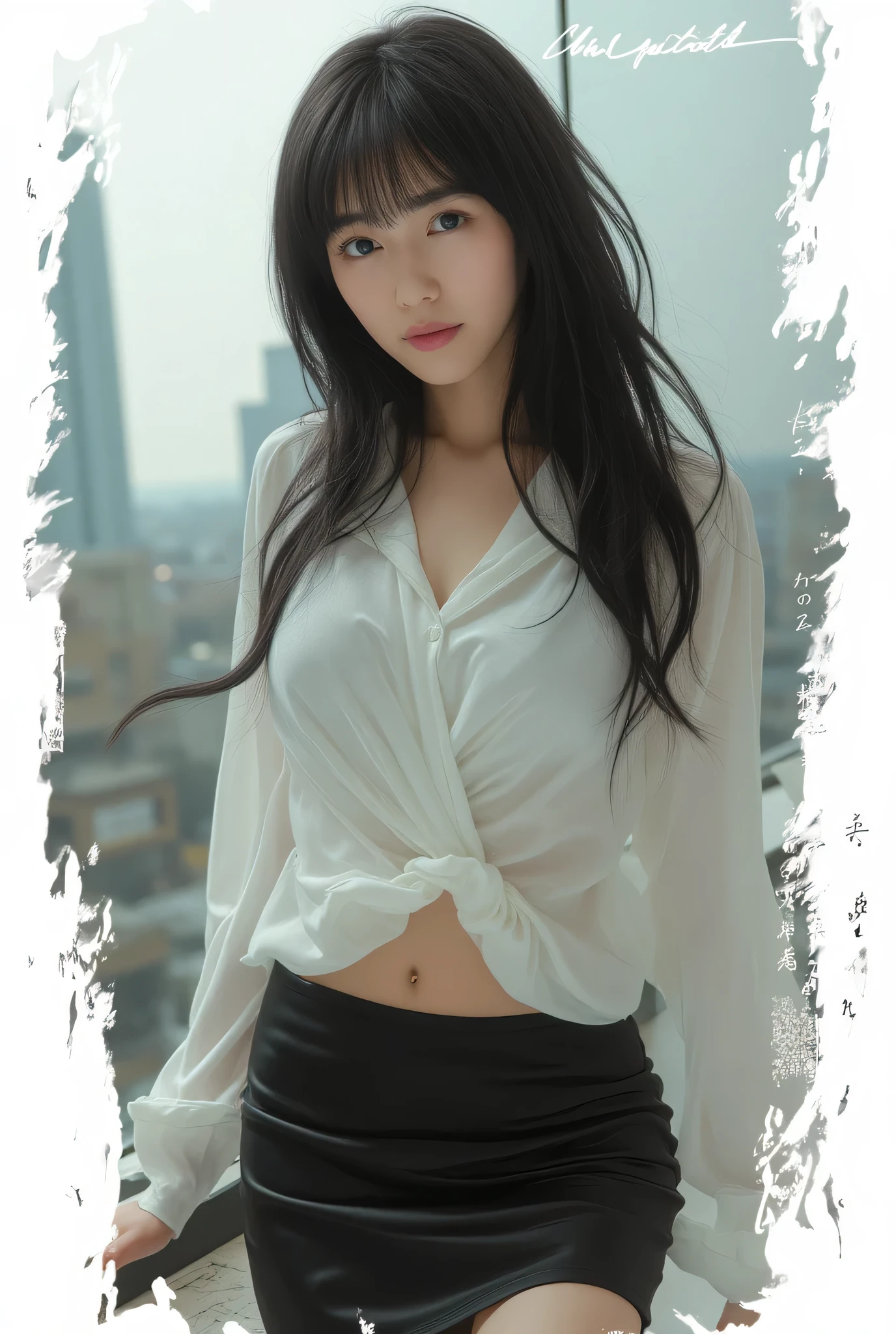 Abstract, High Resolution, Ultra Detailed,
Highly Detailed CG Unity 8k Wallpaper,
Realistic, Photorealistic, RAW Photo,
Beautifully Detailed Face, Pale Skin, Realistic Glowing Skin,
Detailed Fabric Texture, Detailed Hair Texture,
Blake
(1 Girl:1.3),(20 Year Old Girl in Sexy Pose),
(Standing:1.2),
(Supermodel:1.2),(Slender:1),(Slightly Large Breasts:1.2),(Tight Thighs:1.1),
(Detailed Black Hair:1.2),(Long Hair:1.2),Floating Hair, Bangs,
(Black Eyes:1.2),Perfect Eyes, Symmetrical Eyes,
(White Shirt Over Nakedness:1.2),(Black Pencil Skirt:1.2),(High Heels:1 .3), (pantyhose:1.2),
perfect hands, small hands,
very thin legs, very thin legs, very slim legs, long legs, very detailed legs,
soft light, rim light, two-tone lighting,
break
(full body:1.5),
(multiple views, split view:1.2),
(face close-up, upper body close-up, chest close-up:1.1),
(city background:1.3),
white (square:1.3) (border:0.8),
(expressive lettering, lettering art, expressive style, unique design:1.2),
(calligraphy, creative typography:1.1),