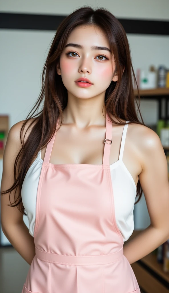 masterpiece,(best quality, illustration,detailed face:1.3),(1girl,solo:1.3),beautiful detailed eyes,  apron, gradient_background, gradient, maid, purple eyes,red hair, medium breasts,, BREAK, enmaided, pink_apron, red_dress, ponytail, black_footwear, frilled_apron, dress, maid_apron, alternate_hair,very long hair, split_ponytail, halo 