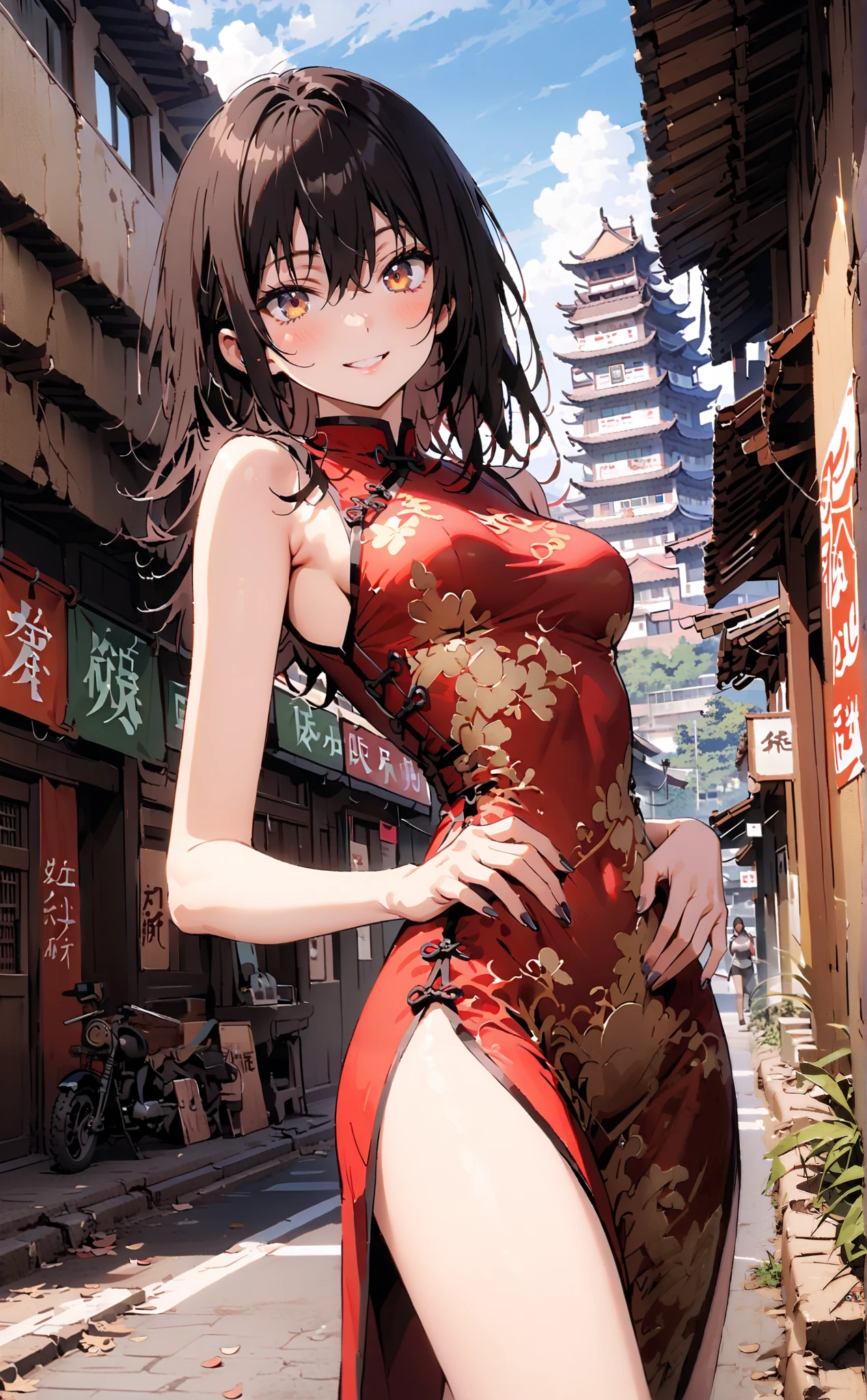 Yukina Himeragi, short hair, black hair, brown eyes,Alone,smile, grin ,Medium breast,Sleeveless blue Chinese clothes , blue long slit , pin heels, putting one hand on the waist , angle from below, is standing,whole bodyがイラストに入るように, break outdoors, Chinese cityscape ,
break looking at viewer,whole body,
break ( Masterpiece:1.2), top quality , kampala, Unity 8k Wallpaper,(shape:0.8),( fine, beautiful eyes :1.6),It's a person ,whole body写真,CG Details , ( perfect hands, Complete Anatomy),