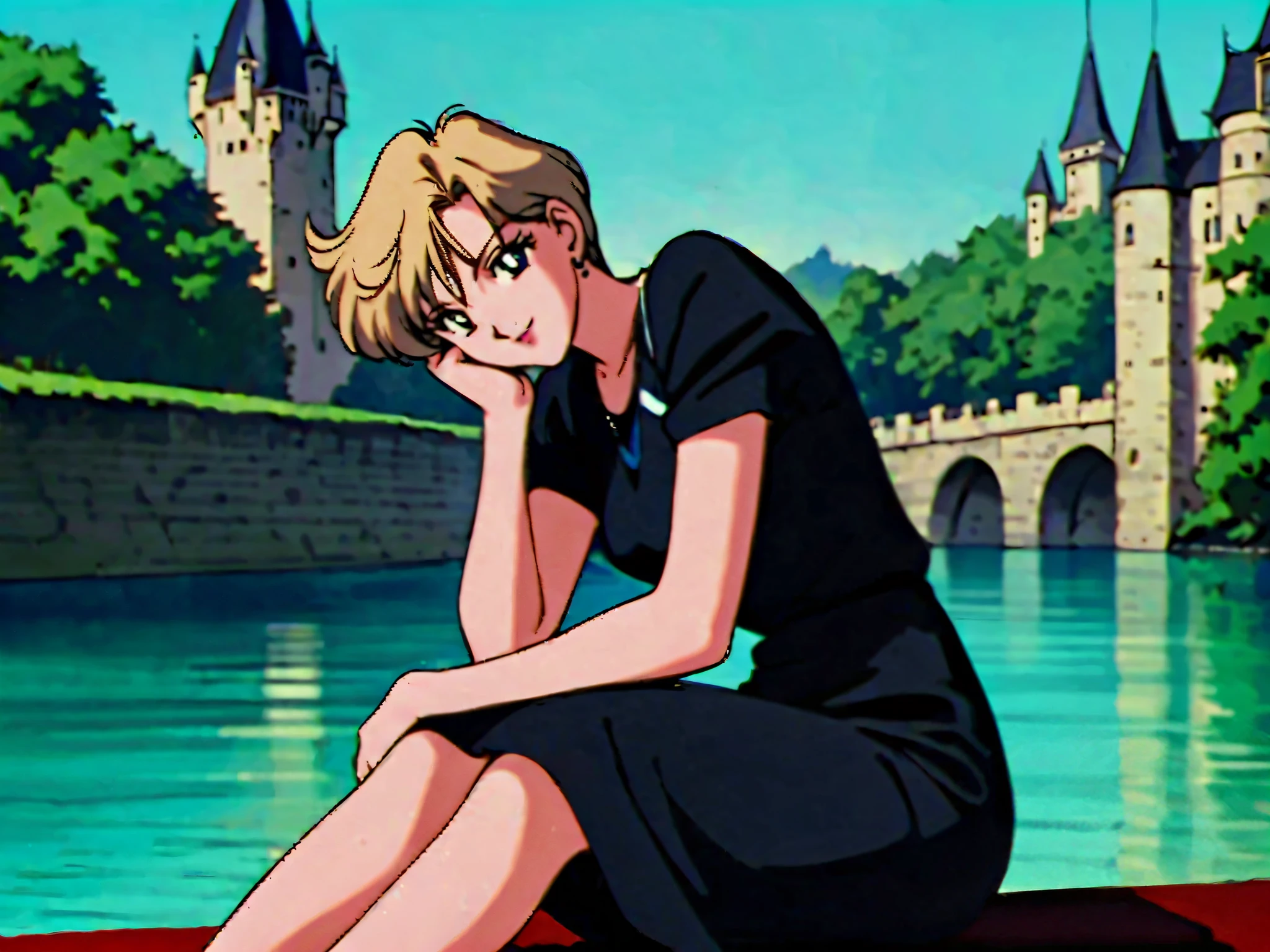 Masterpiece, best quality , very aesthetic, ridiculous ,1990s \( style\), 1 girl sitting underwater,Alone, sailor uranus XL, blue eyes, short hair while on a business trip, very short hair while on a business trip,Blonde, wanpieece, black dress, made of silk , castle, near a lake, necklace, earrings, smile,