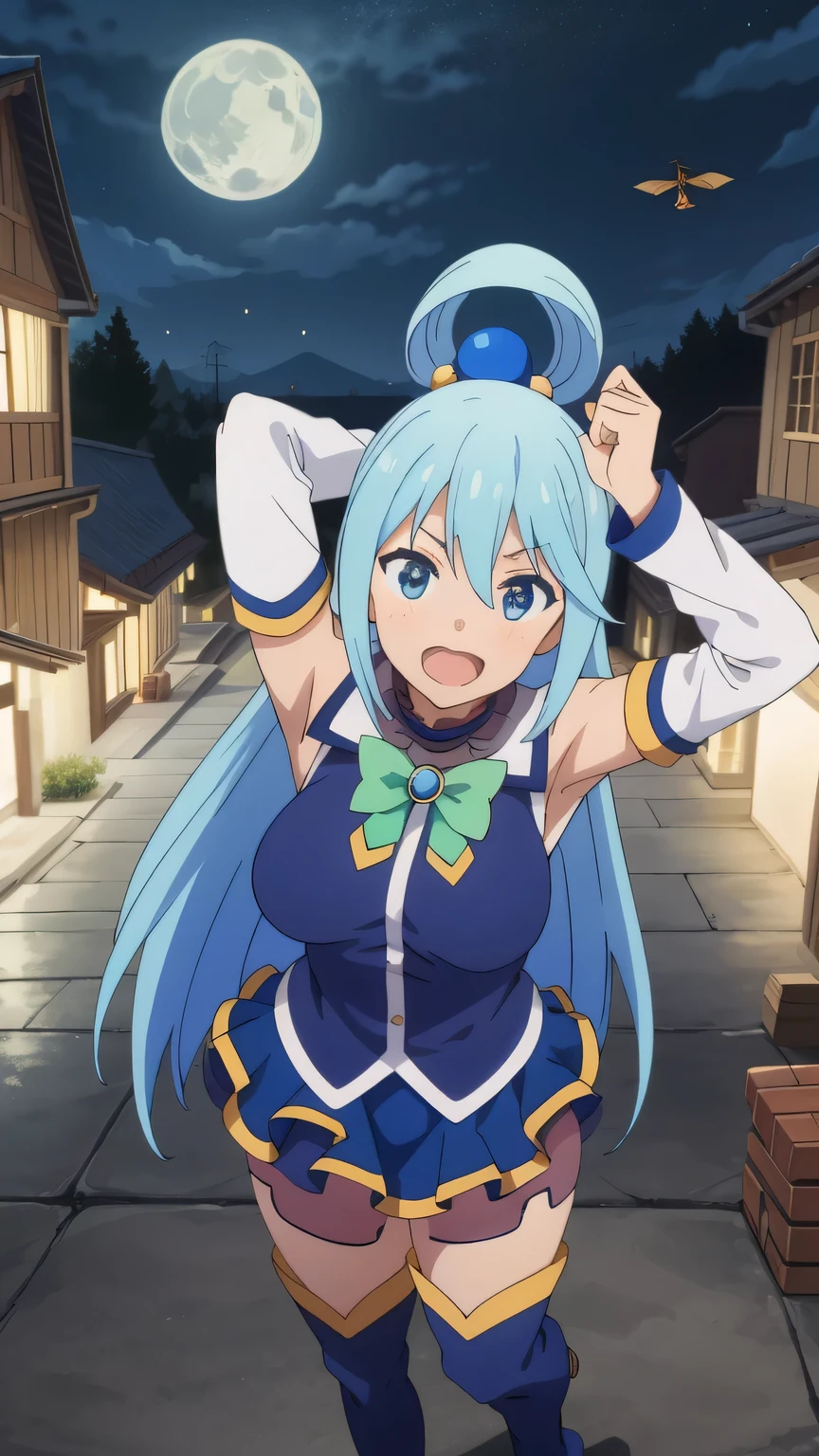 {{{masterpiece}}}, (best quality:1.5), (ultra-detailed:1.5), {illustration}, {{an extremely delicate and beautiful}}, (beautiful detailed eyes:1.6), absurdres, highres, extremely detailed face, 16k, hd, visual anime de uma jovem mulher, extremamente bonito rosto de anime, anime melhor garota, (perfect hands, perfect anatomy), anime face, aqua (konosuba), 1girl, cute face, long hair, blue eyes, hair ornament, very long hair, blue hair, bangs, sidelocks, hair rings, hair bobbles, large breasts, big hips, curvaceous, BREAK, blue vest, shirt tuck out, white collar, green bow, bare shoulders, detached sleeves, white sleeves, (blue skirt:1.2), mini skirt, thighhighs, (blue long boots:1.5), thighs, zettai ryouiki, BREAK, tsurime, legs apart, fighting stance, duel, flushed cheeks, (sky above:1.5), (fly in the sky:1.5), Above the City, floating, above the clouds, smirk, cool face, open mouth, looking at viewer, outdoor, night, city ​​night view, night sky, moon,  (Aerial View:1.3), telekinesis, arm up, motion blur, above clouds, Scenery, fpeer in from below, Hagoromo(heavenly maiden)