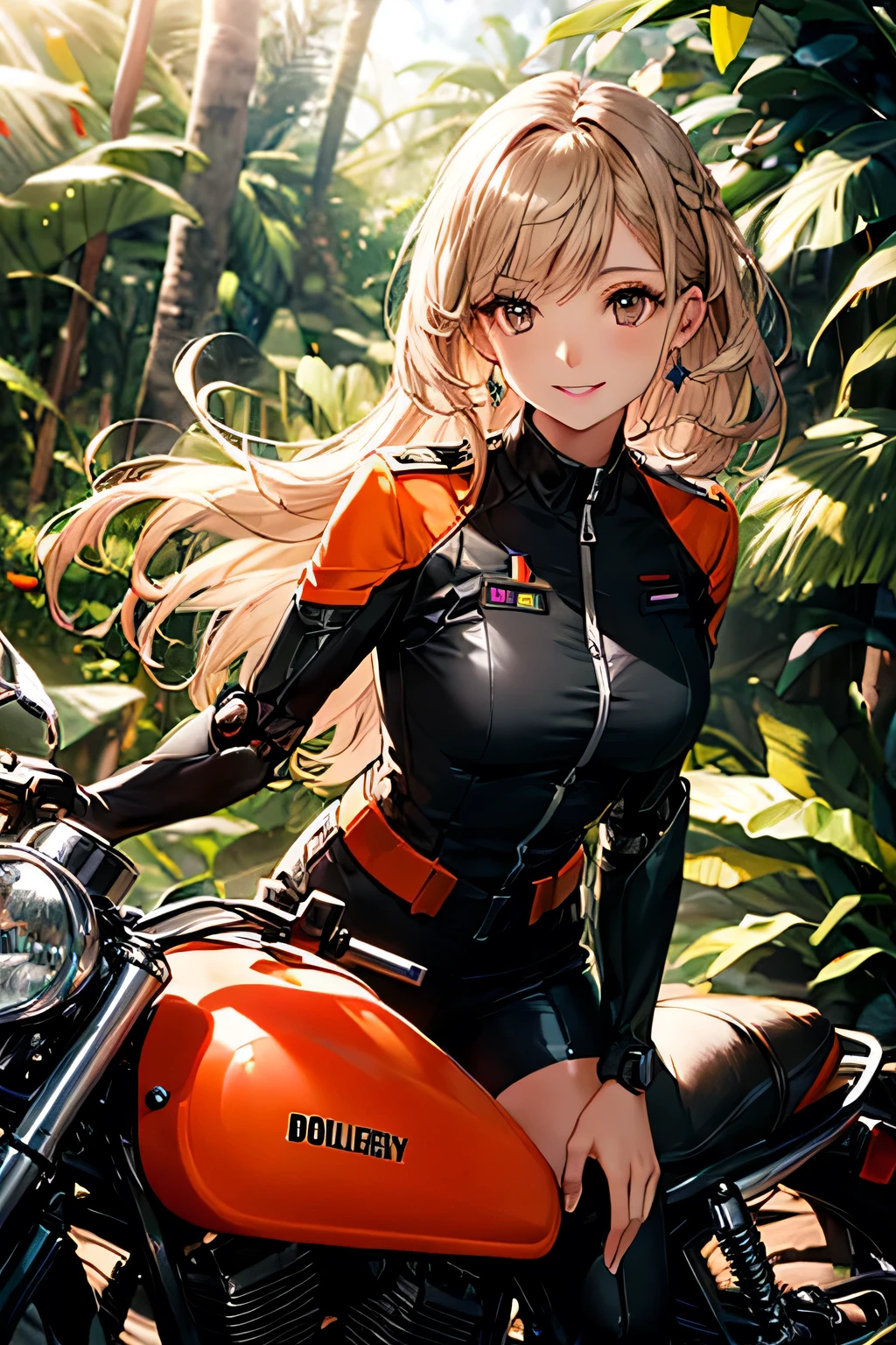 <lora:TurboByakurenV1:1.1>, 1girl, biker_clothes, bikesuit, blue_sky, bodysuit, breasts, center_opening, cloud, cloudy_sky, cowboy_shot, cross-laced_clothes, day, dress, grass, ground_vehicle, (hijiri_byakuren:1.1), large_breasts, long_hair, long_sleeves, beautiful detailed eyes, looking_at_viewer, (motorcycle:1.1), motor_vehicle, mountain, outdoors, (purple_hair, orange_hair, multicolored_hair, gradient_hair:1.2) sky, smile, solo, very_long_hair, wavy_hair, <lora:add_detail:1>, masterpiece, best quality,