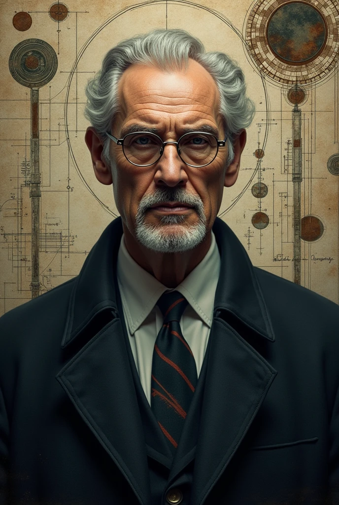 Physicist Albert Einstein smoking pipe in a gloomy cyberpunk setting