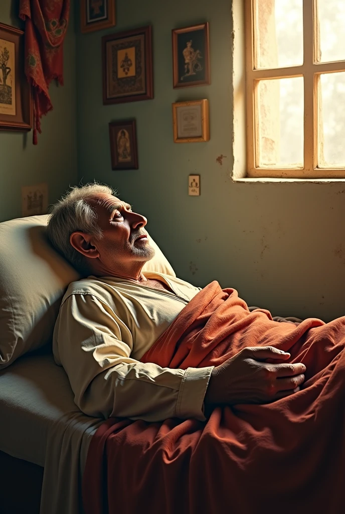 A realistic image of a modern. A poor islamic old man comes ill in bed