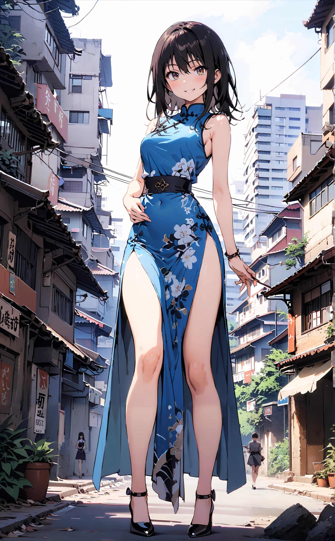 Yukina Himeragi, short hair, black hair, brown eyes,Alone,smile, grin ,Medium breast,Sleeveless blue Chinese clothes , blue long slit , pin heels, putting one hand on the waist , angle from below, is standing,whole bodyがイラストに入るように, break outdoors, Chinese cityscape ,
break looking at viewer,whole body,
break ( Masterpiece:1.2), top quality , kampala, Unity 8k Wallpaper,(shape:0.8),( fine, beautiful eyes :1.6),It's a person ,whole body写真,CG Details , ( perfect hands, Complete Anatomy),