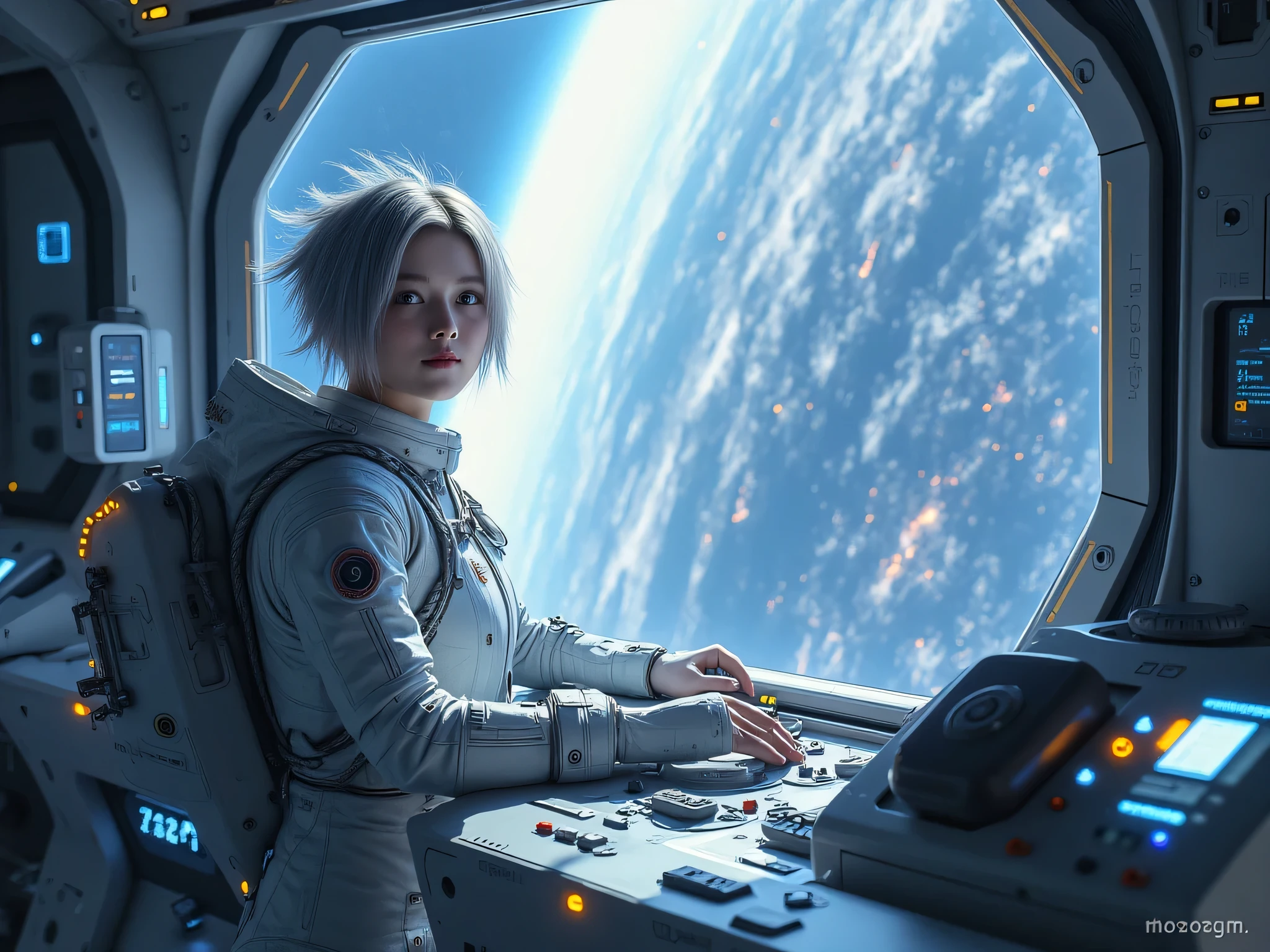 a masterpiece ,Space and astronauts, Messy silver hair, blue eyes , a female astronaut working Inside the spacecraft, futuristic high tech space station. behind her are huge space station window