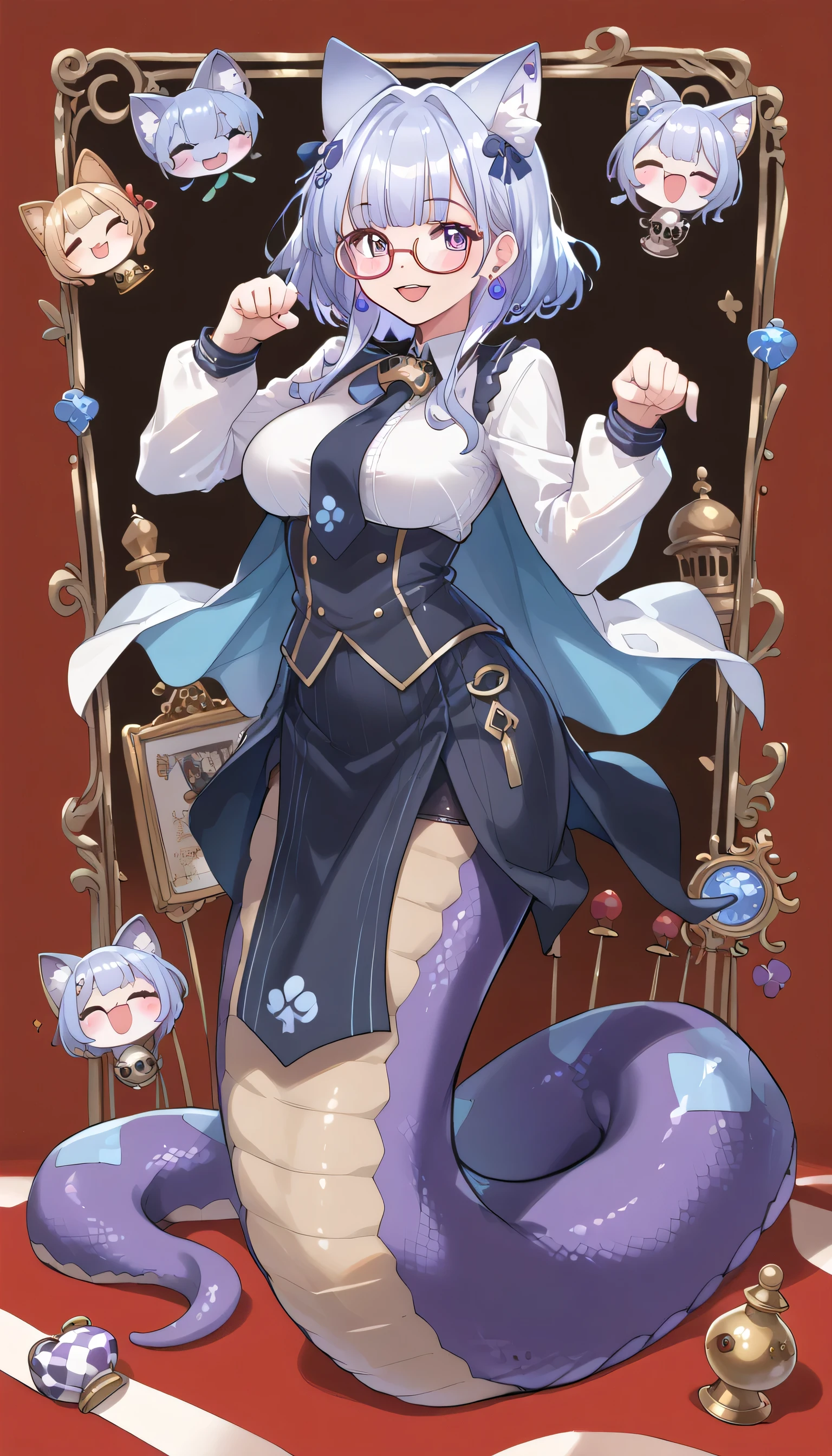 (Fraction_9:0.9),Fraction_8_up ,Fraction_7_up ,Grade_of, Japanese Anime_style,(pdxl),(PDXL3 ),(( alone of)), ( masterpiece),( Best Quality),( complete of five fingers ), malicious chess piece Cheshire Cat, 1 girl, alone of,black teacher uniform, glasses,Smile, earrings, Paw pose, with underwear , open mouth , blush, Big Breasts , lamia,purple snake female tail,Full body picture,shy