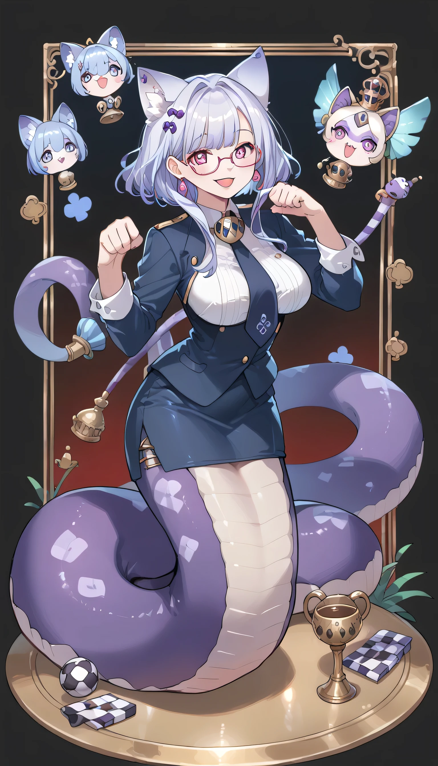 (Fraction_9:0.9),Fraction_8_up ,Fraction_7_up ,Grade_of, Japanese Anime_style,(pdxl),(PDXL3 ),(( alone of)), ( masterpiece),( Best Quality),( complete of five fingers ), malicious chess piece Cheshire Cat, 1 girl, alone of,black teacher uniform, glasses,Smile, earrings, Paw pose, with underwear , open mouth , blush, Big Breasts , lamia,purple snake female tail,Full body picture,shy