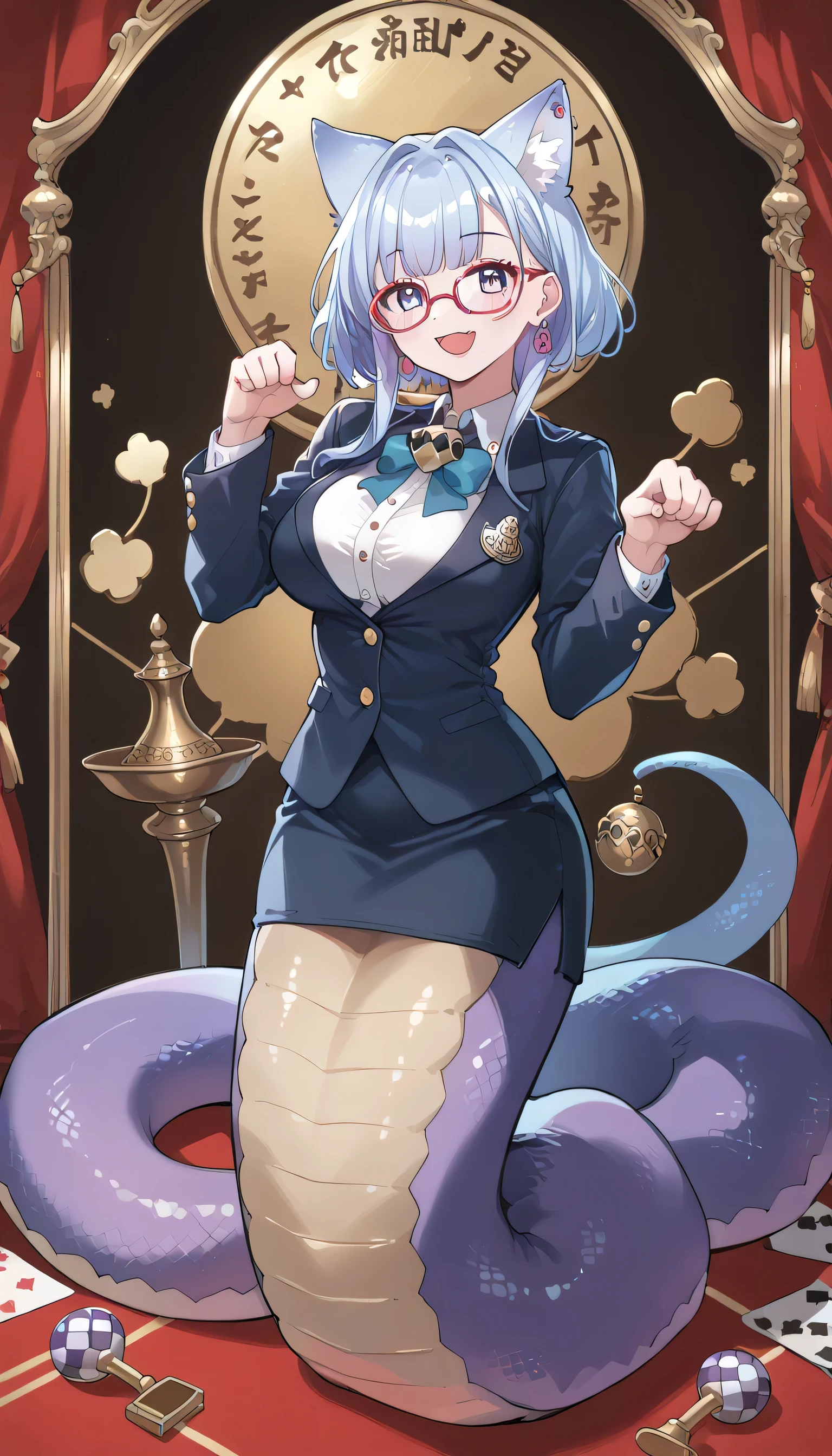 (Fraction_9:0.9),Fraction_8_up ,Fraction_7_up ,Grade_of, Japanese Anime_style,(pdxl),(PDXL3 ),(( alone of)), ( masterpiece),( Best Quality),( complete of five fingers ), malicious chess piece Cheshire Cat, 1 girl, alone of,black teacher uniform, glasses,Smile, earrings, Paw pose, with underwear , open mouth , blush, Big Breasts , lamia,purple snake female tail,Full body picture,shy