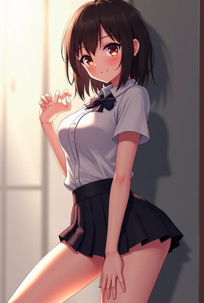 best quality,1girl,((((loli,10歳)))),ツリ目,orgasm,blush,yui kotegawa, black hair, (brown eyes:1.5), short hair, (twintail), hair ribbon, ((black skirt, white t-shirt, short sleeves:1.3)),((lift skirt,upskirt,white panties,lace panties:1.1)),thighhighs,pussy juice,pov_doorway,looking_at_viewer,open door,doorway,erect nipples,see through,open shirt