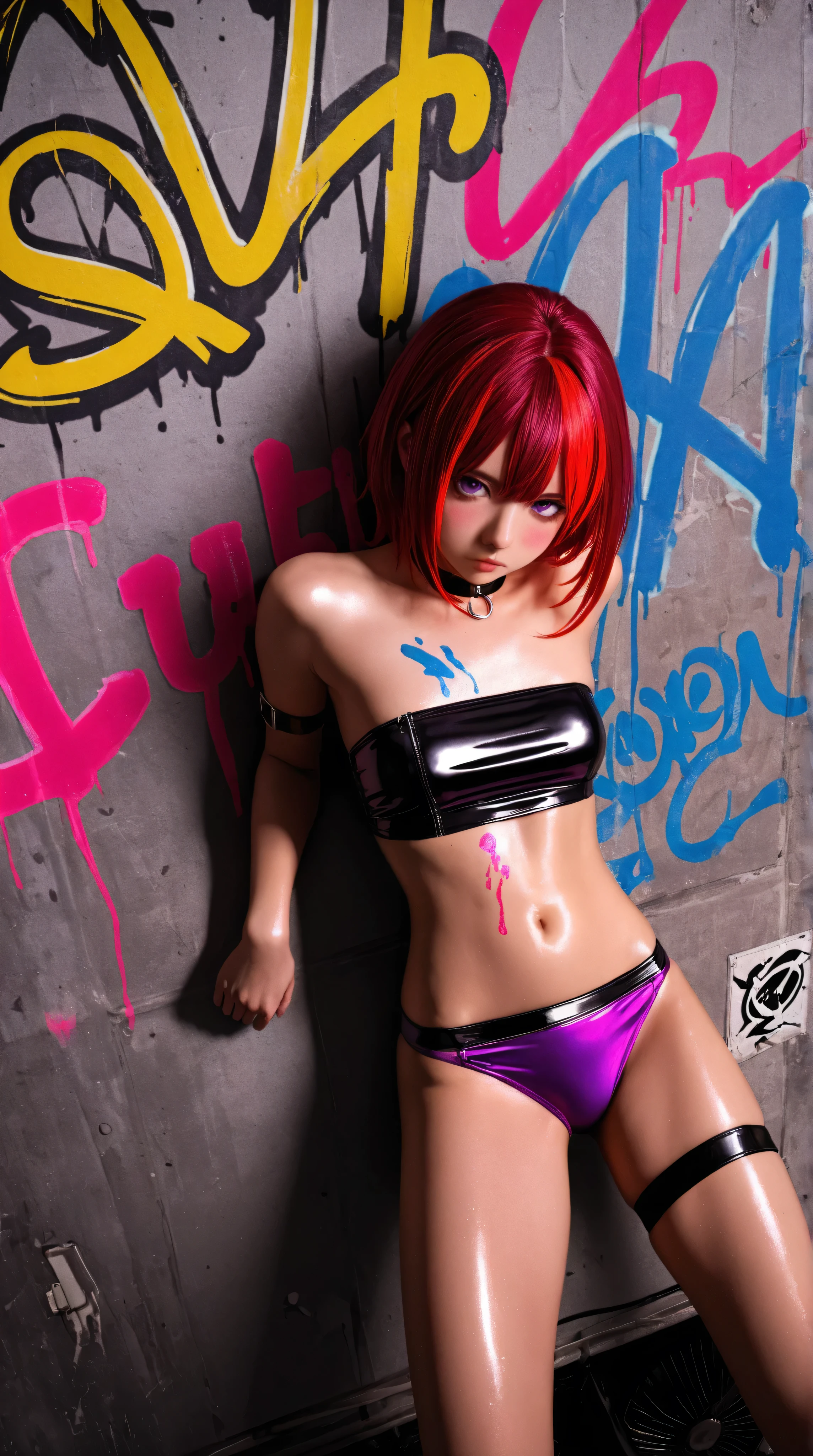 (masterpiece), best quality, (Professional Photography:1.2), (High Definition:1.3), from below,1girl, muscular skinny 18yo vampire mistress, open mouth,arms behind back, (sking tight latex crop top), skin tight lace panties, choker, (graffiti:1.5), long hair in pig tail, paint splatter, on bed, thigh gap, (many paint on body), multicolored hair, (sparkle eyes), headset, blue piering eyes, posing seductively, camel toe, looking at camera with a longing gaze, spreading legs, submissive