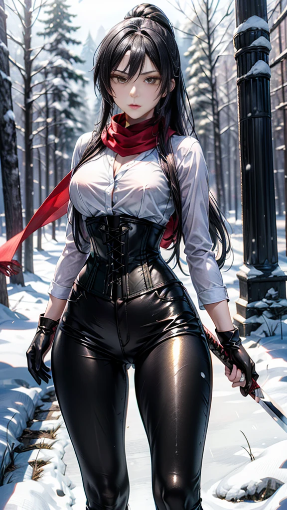 masterpiece, Superior image quality, High resolution, 4k image,Photo and gross, photorealistic, 1 young redhead girl of 20 years old, standing, {Alone},{{{vagina}}}, big breasts, beautiful face, crimson red hair short ponytail, green eyes, very detailed eyes, expression of pride, draw smile showing superiority, choker:1.6, (white collar button down shirt white long sleeve), black gloves, gloves covering the hands, (wielding a halberd in his right hand), (black leather corset), (shiny black leggings), (black leather boots), sensual lips , show details in the eyes, view from front, Dark forest, at night, atmosphere, fog